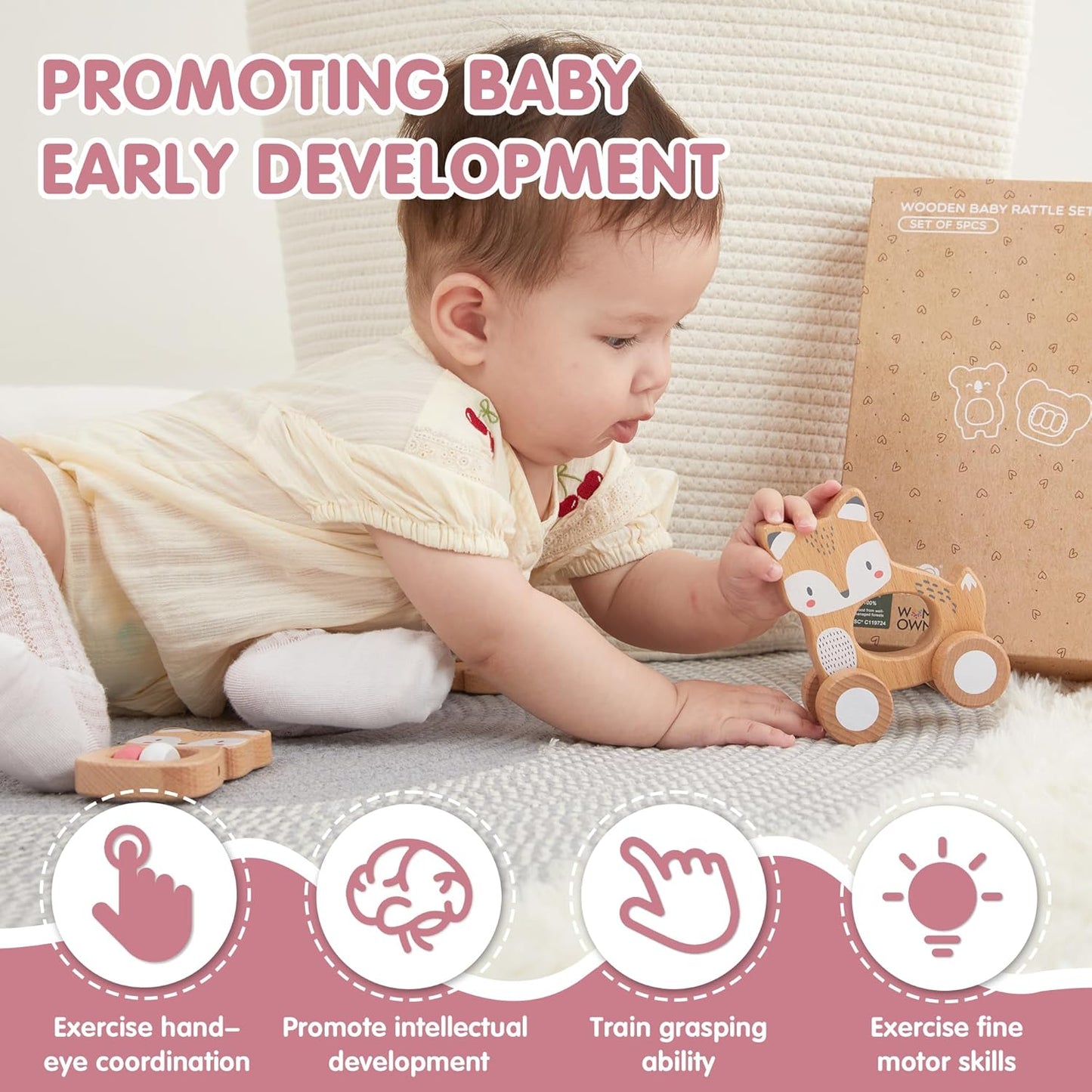 Freniland Wooden Montessori Toys, 5-Piece Wooden Baby Toys, Koala Wooden Baby Rattle, Fox Stacking Ring Baby Toys, Little Fox Wooden Baby Push and Pull Toys,Newborn Baby Gift Sets for Boys and Girls