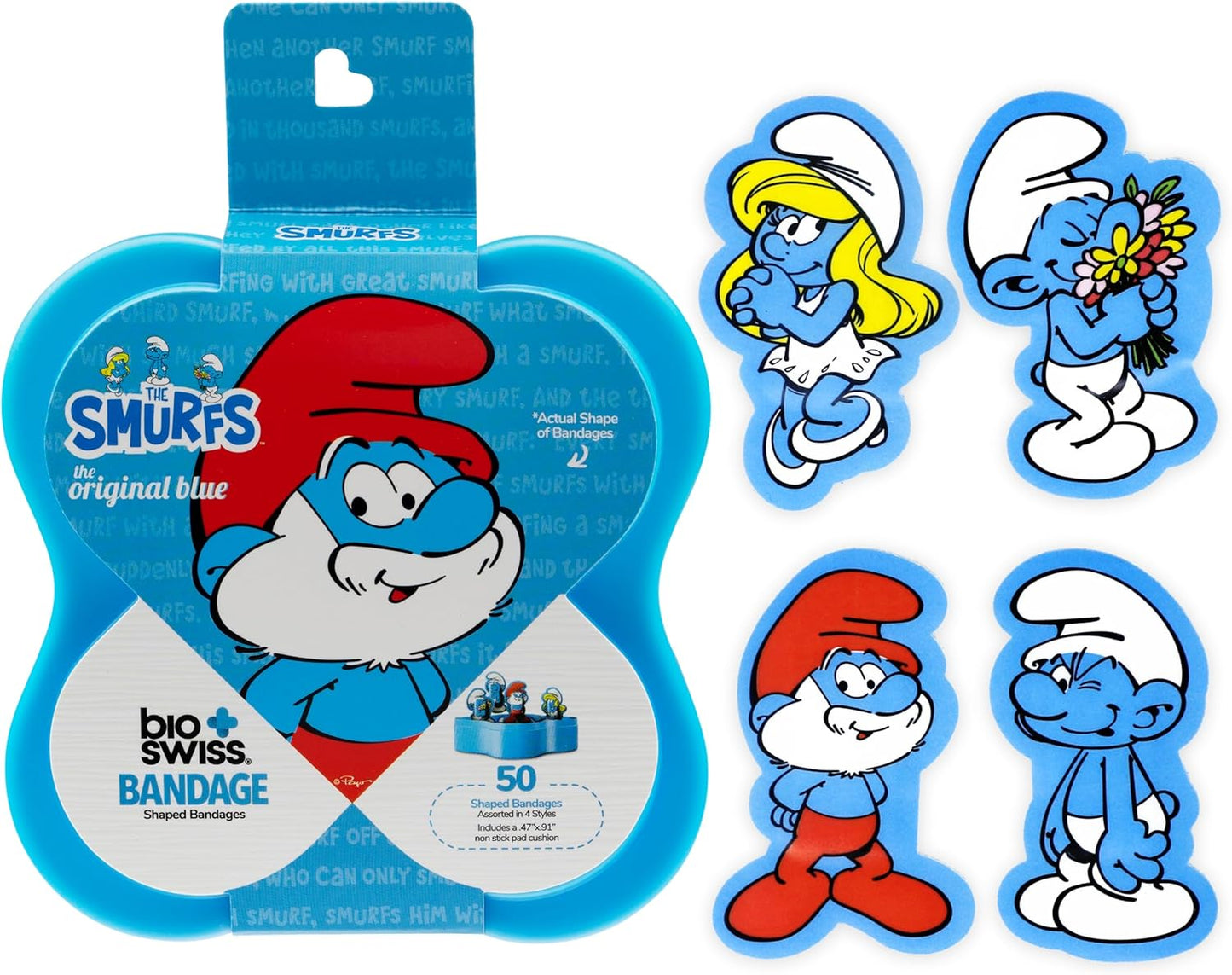 BioSwiss Bandages, The Smurfs Classic Shaped Self Adhesive Bandage, Latex Free Sterile Wound Care, Fun First Aid Kit Supplies for Kids and Adults, 50 Count Plastic Case