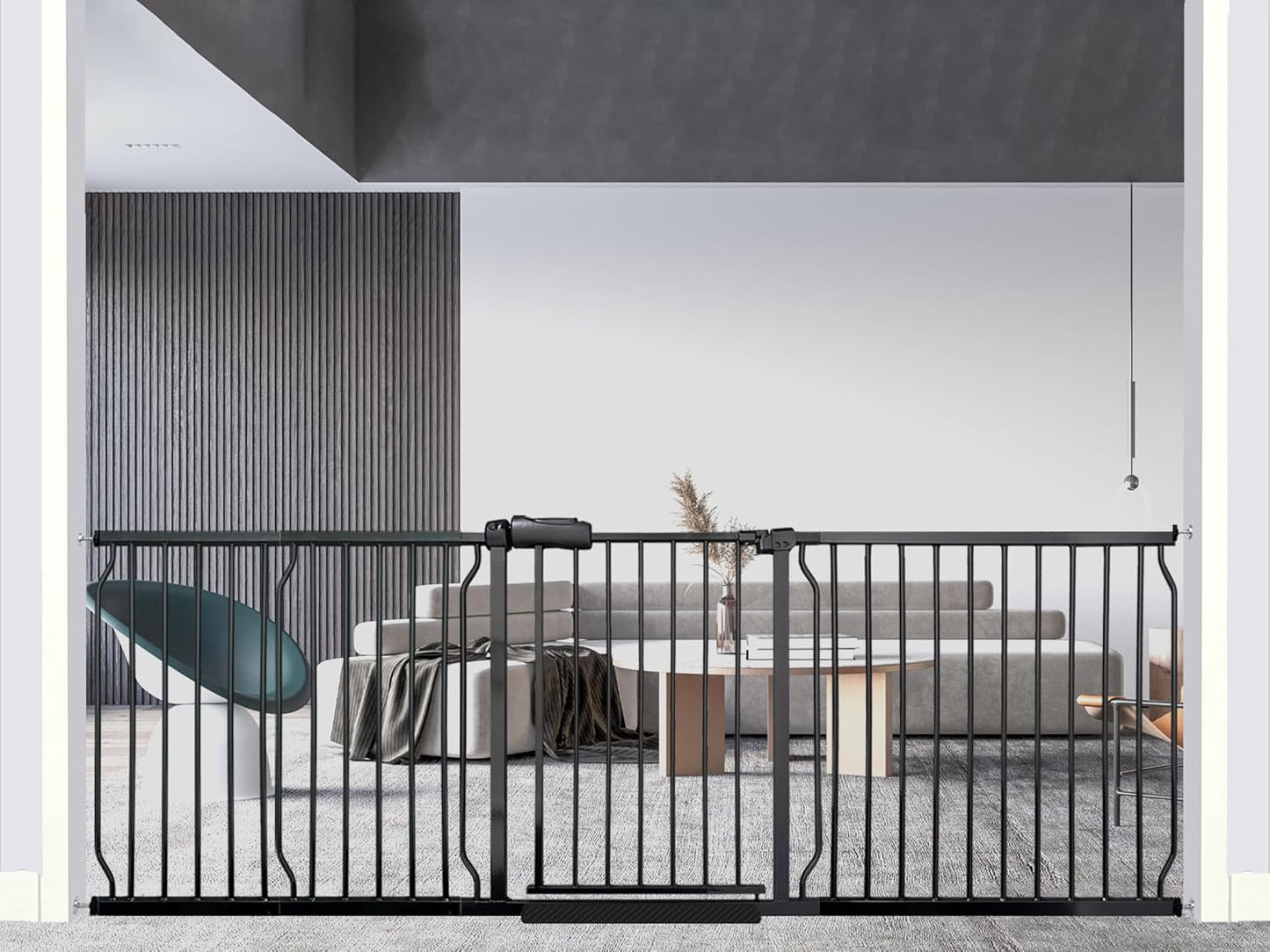 Heavy Duty Baby & Dog Safety Gate, Extra Wide 85.8-90.5 Inch,Black Metal, Pressure Mounted No Drilling Pet Gate for Large Openings