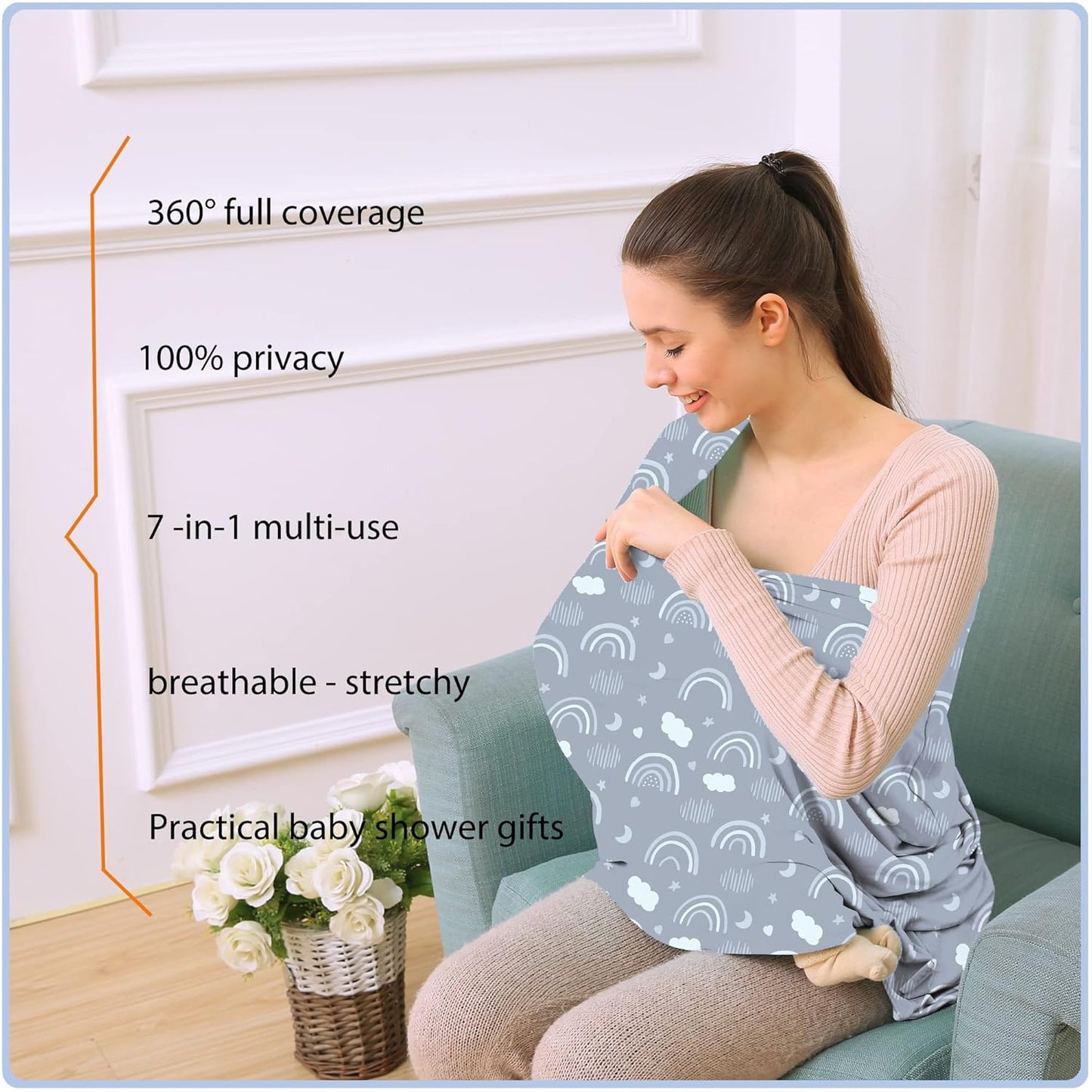 Car Seat Covers for Babies - Multi- use Nursing Carseat Canopy, Breastfeeding Covers, Baby Shower Gifts for Boys and Girls (Grey Rainbow)