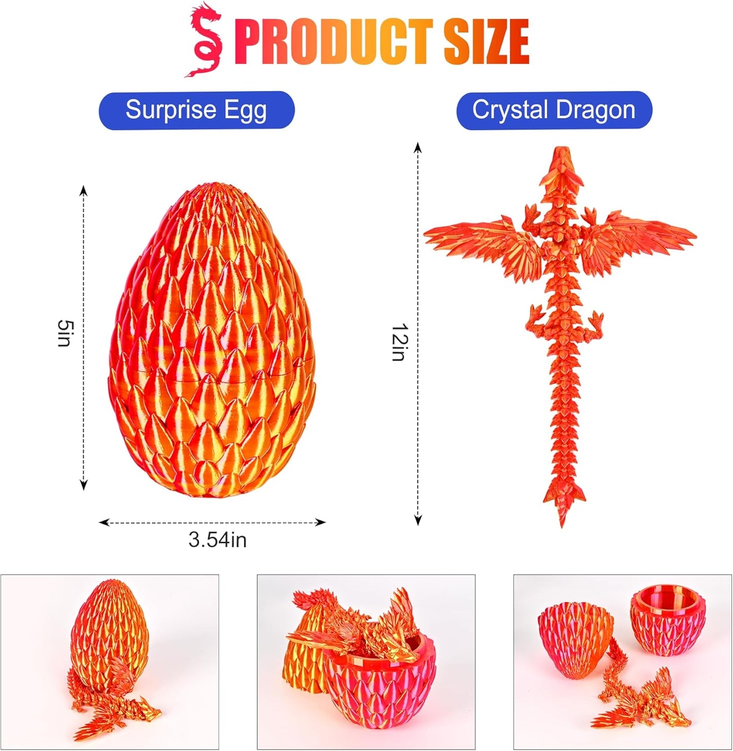 12inch Fly Dragon Egg, Year of The Dragon, 3D Printed Dragon, Executive Desk Toys, Articulated Dragon, Fidget Toys Gifts for Graduates Students Teachers Adults (Gold&Red)
