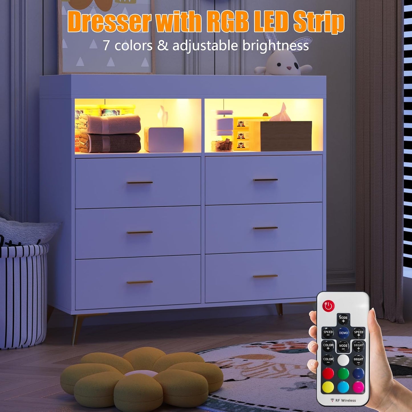 Changing Table Dresser with Drawers, Baby Dresser with Changing Table Top, Power Outlet, LED Light & Metal Feet, Diaper Changing Station Nursery Organizer for Infants Newborn, White