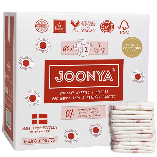 Joonya Baby Diapers, Size 2 S (7-13 lb) - 6 Bags of 30 (180) - New Range - NonToxic, Eco-Friendly, Ultra Slim, Overnight Use - Made in Denmark