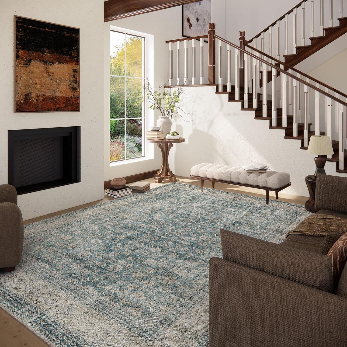 Machine Washable Living Room Rug: 6x9 Area Rugs for Bedroom Vintage Stain Resistant Non Slip Low Pile Lightweight Boho Carpet for Kitchen Dining Room Farmhouse Kids Room Nursery