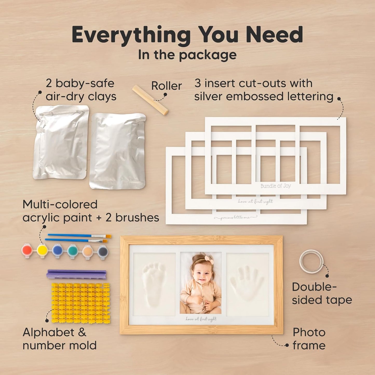 Baby Hand and Footprint Kit - Clay Handprint Keepsake Frame, Newborn Nursery Picture Frame, Personalized New Mom Gifts for Baby Shower & Registry (Bamboo)