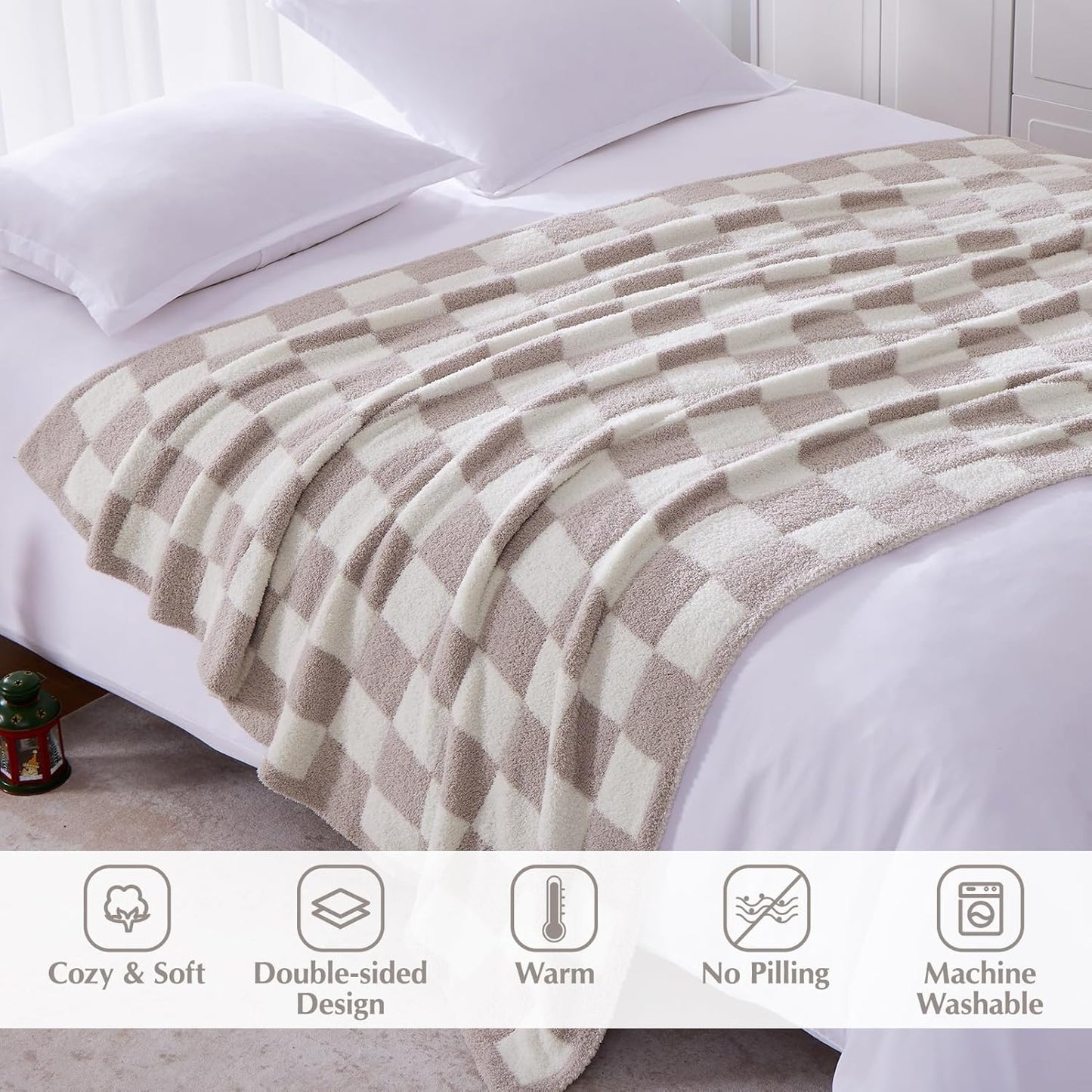 WRENSONGE Checkered Throw Blanket, Taupe Soft Cozy Fluffy Warm Hand Made Throw Blankets for Couch, Sofa, Chair, Bed, Camping, Picnic, Travel Lightweight Bed Blanket - 50"*70"