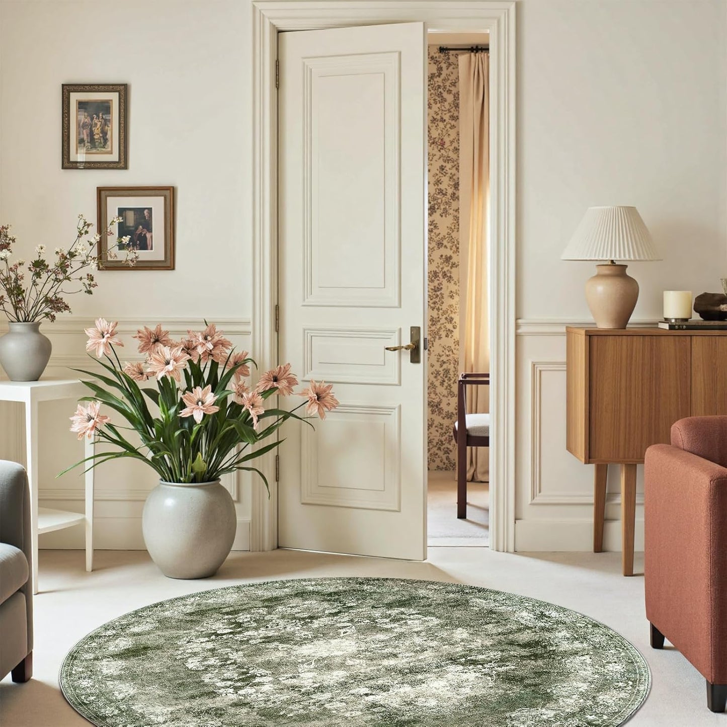 jinchan Round Rug 6ft Area Rug - Green Vintage Floor Mat Kitchen Indoor - Washable Circle 6' Thin Floral Print Carpet Retro Farmhouse Non Slip Dining Room Living Room Bedroom Office