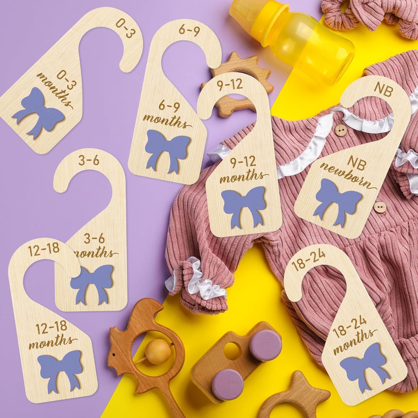 R HORSE Wooden Baby Closet Dividers - 8Pcs Double-Sided 3D Purple Bow Baby Closet Organizer Newborn Clothes Size Hanger Dividers Nursery Decor Baby Shower Birthday Gift for Boy Girl (0-24 Months)