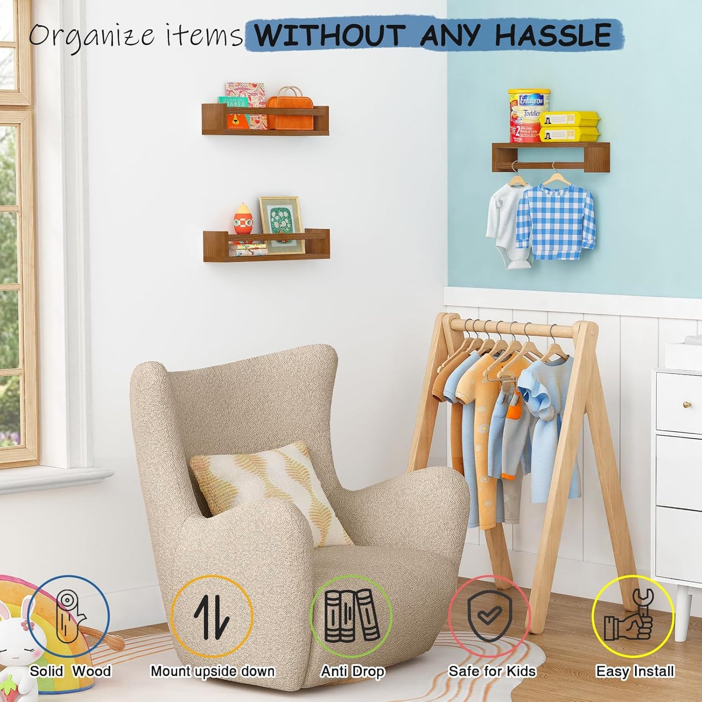 Walnut Brown Nursery Book Shelves Wall Mounted, Wooden Floating Bookshelf for Kids Room Bedroom, Dark Wood Nursery Bookshelves for Kitchen Classroom Playroom (Solid Pine, 3-Pack)