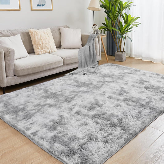 6x9 Area Rugs for Living Room, Fluffy Shaggy Bedroom Rug Indoor Carpet, Anti-Skid Soft High Pile Rug for Nursery, Kids Room, Bedside, Home Decoration, Tie-Dyed Light Grey