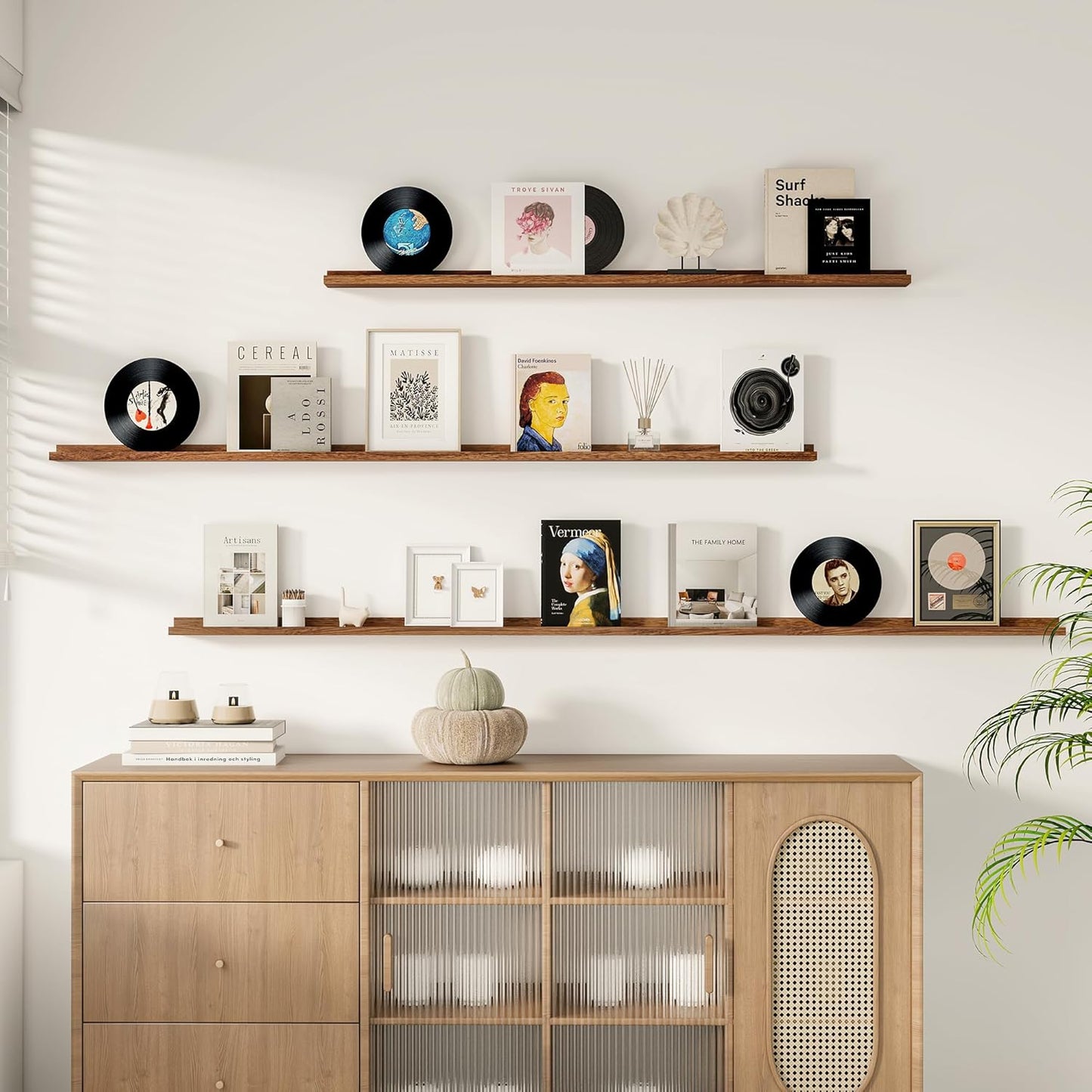 Floating Picture Ledge Shelves for Wall Set of 2, 72 Inches Picture Ledge Shelf with Long Large Nursery Book Shelf for Toys Storage Kids Bookshelf Wall Mounted Living Room Bedroom Decor Frames, Walnut