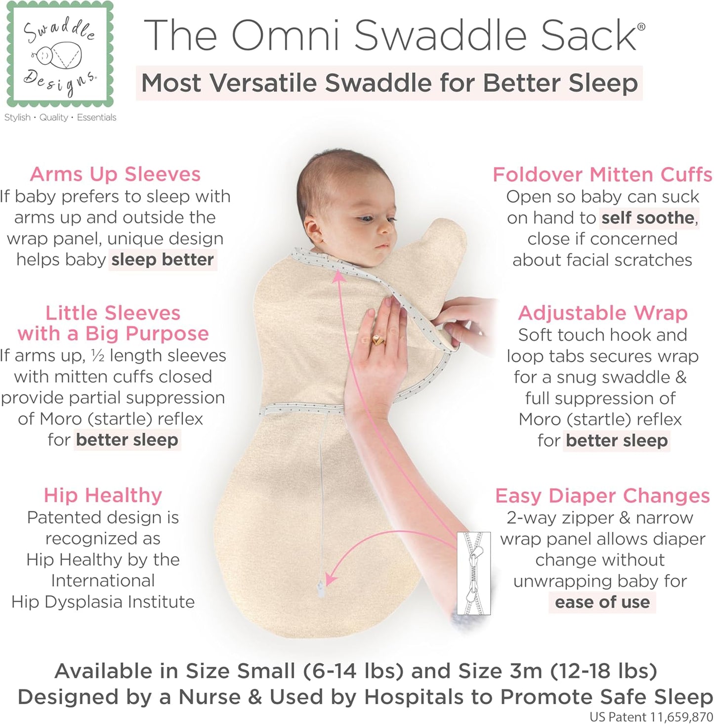 SwaddleDesigns 6-Way Omni Swaddle Sack Arms Up Swaddle for Newborn, More Options to Calm Startle Reflex, Improves Sleep