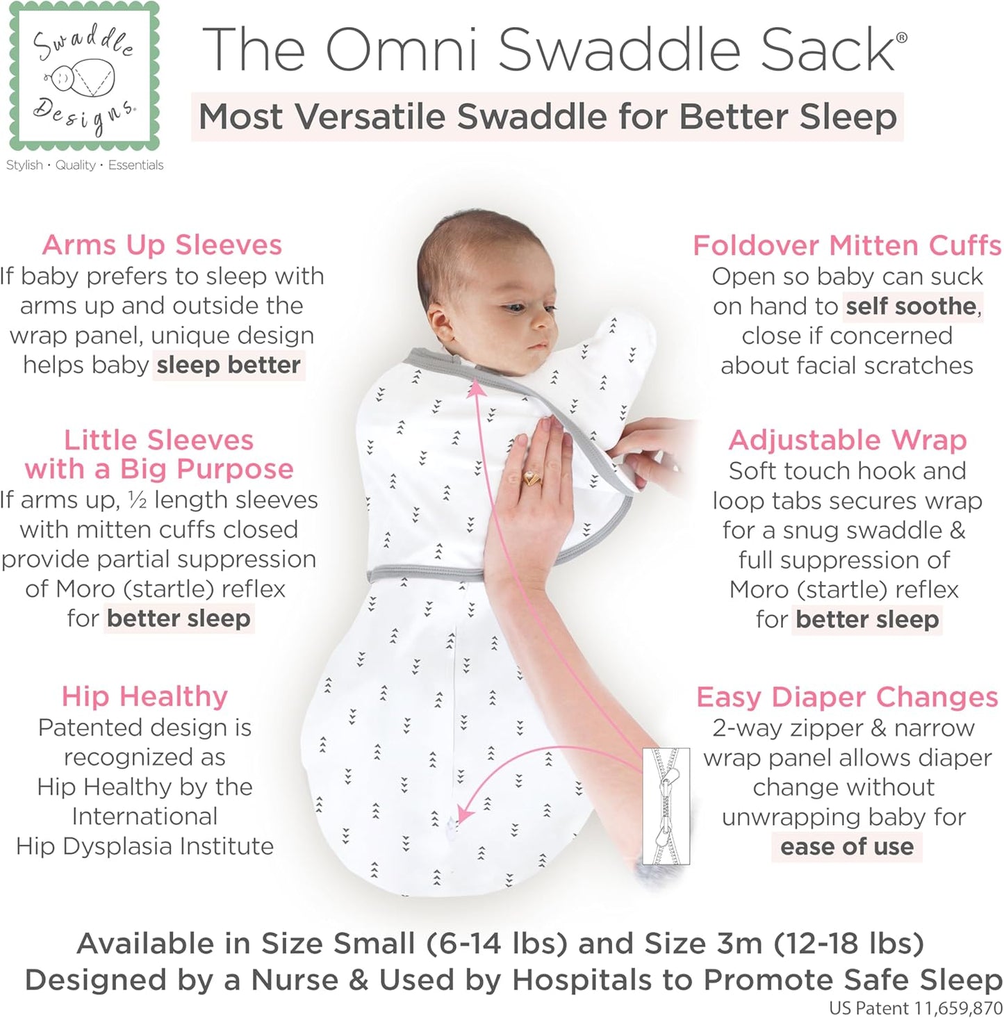 SwaddleDesigns 6-Way Omni Swaddle Sack Arms Up Swaddle for Newborn, More Options to Calm Startle Reflex, Improves Sleep