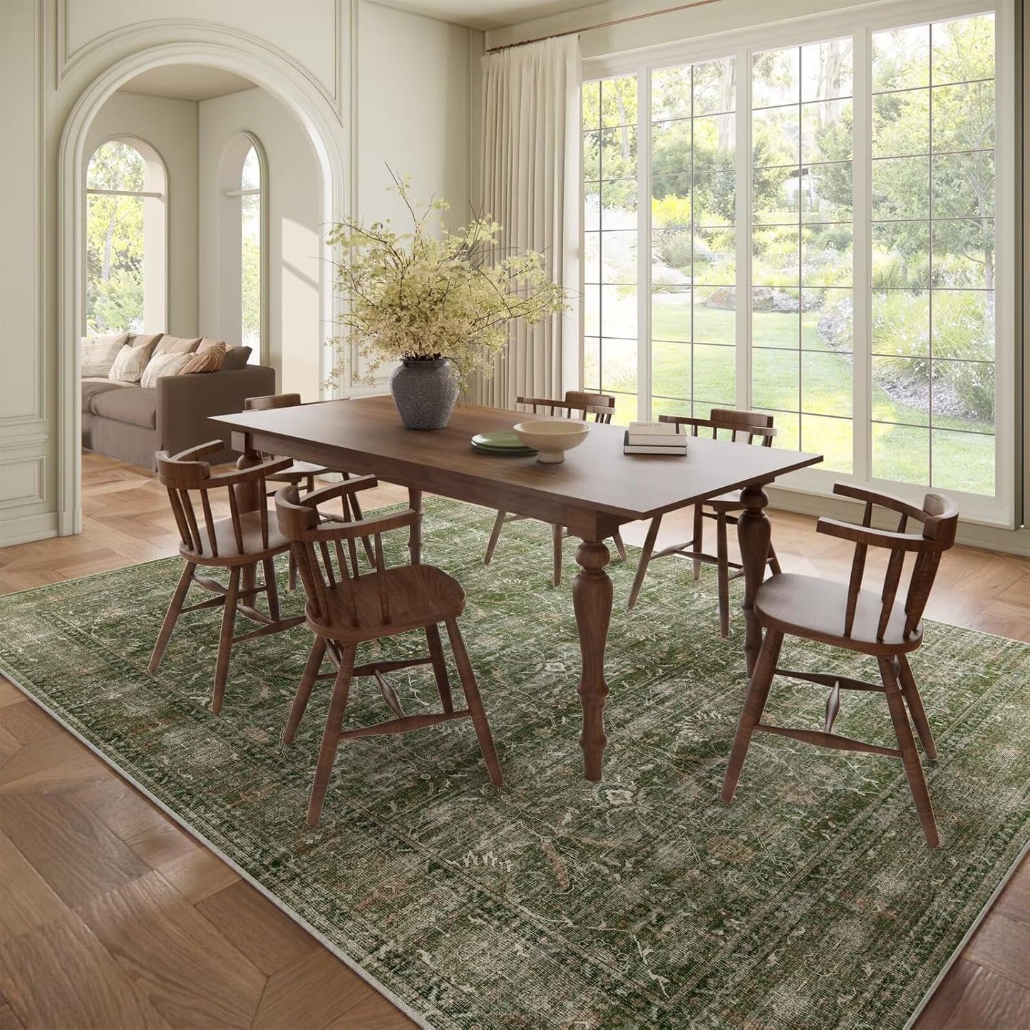 Washable 8x10 Area Rugs for Living Room, Boho Non-Slip Silicone Backing Rugs for Bedroom Dining Room Nursery Office, 0.3" Neutral Oriental Throw Carpet with 0.16" Cushioning Pad, Grass Green/Multi