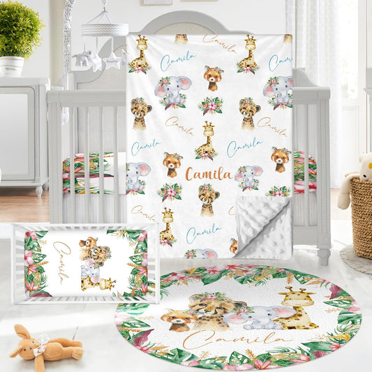 Personalized Baby Crib Bedding Set - Custom Name Lions Design 3 Pcs Set - Soft Blanket with Double Layer Dotted Backing, Fitted Sheet, Room Rug for Newborns Boys Girls Shower Gift