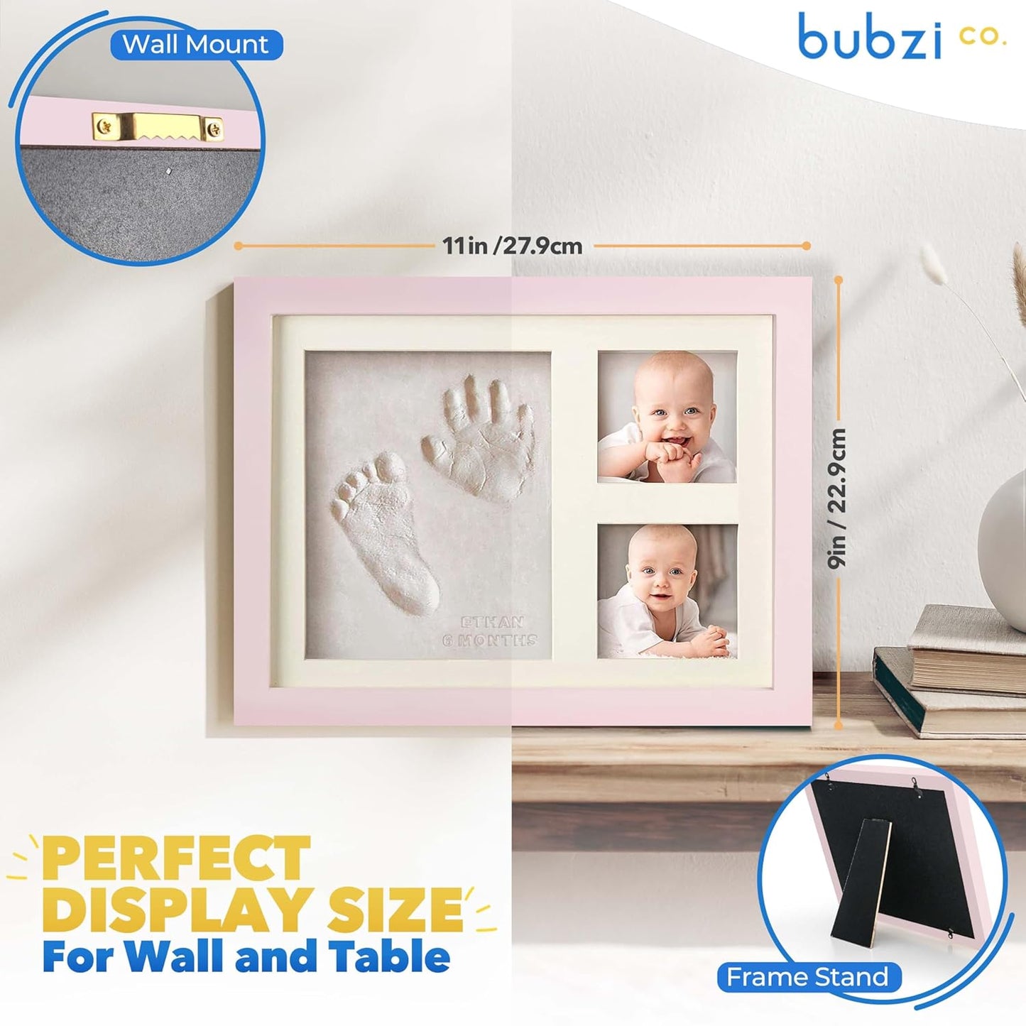 Bubzi Co Footprint & Handprint Keepsake Frame, Baby Memory Display, Nursery Decor, Baby Registry Must-Have, New Parent Gift (Ballet Pink)
