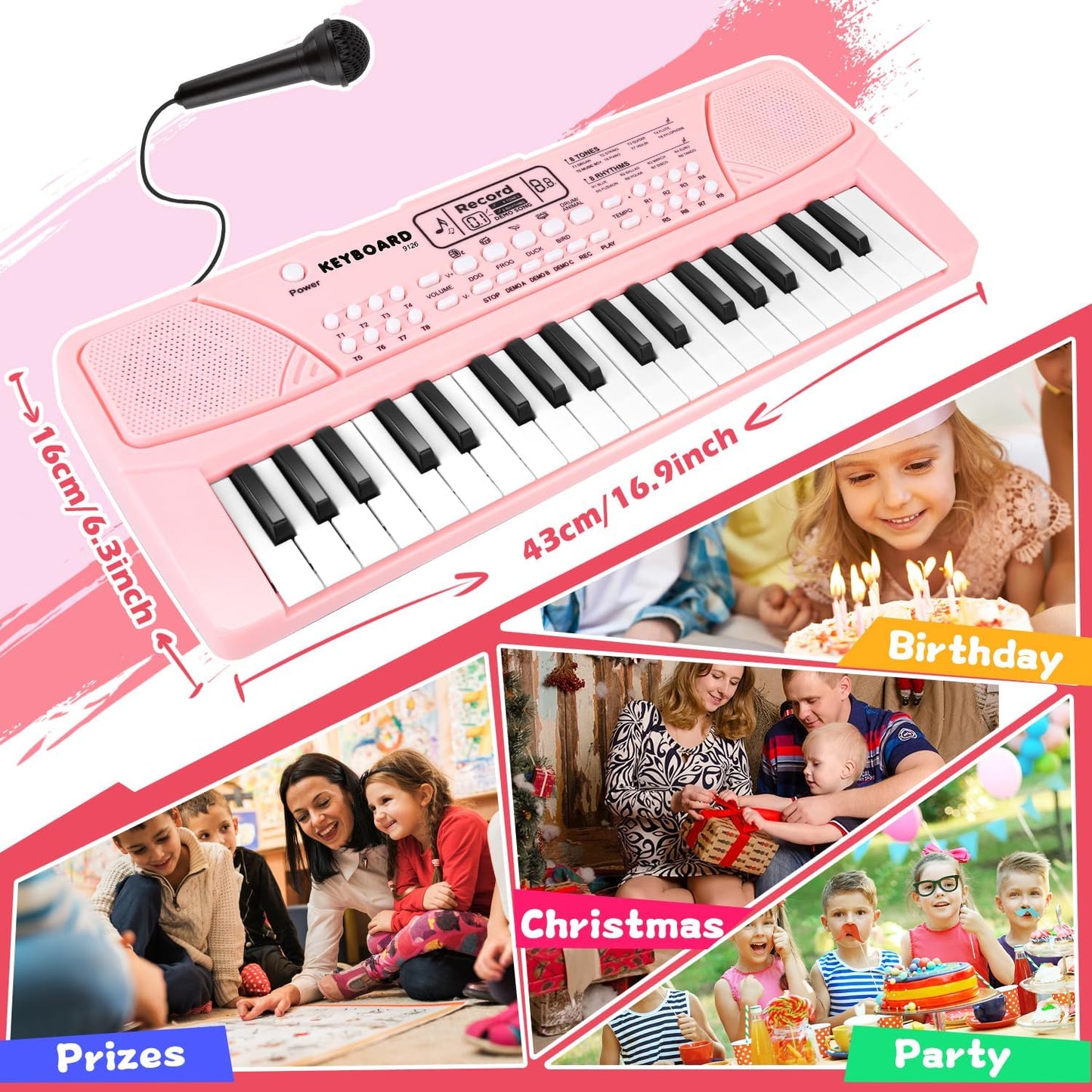 M SANMERSEN Kids Piano Keyboard with Microphone 37 Keys Portable Electronic Keyboards for Beginners Musical Toy for 3/4/5/6 Year Old Girls Boys, Pink