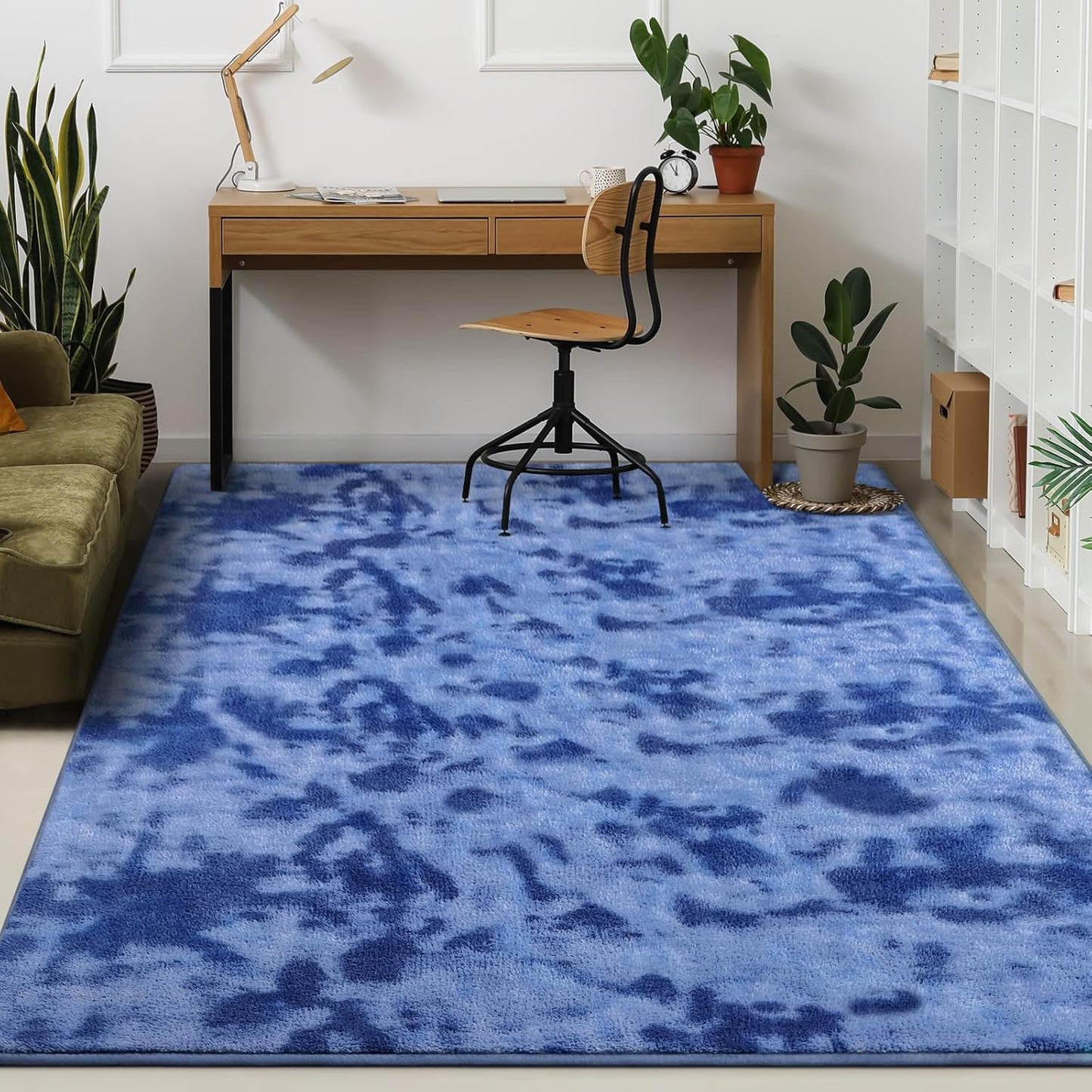 Kimicole 6x9 Washable Area Rugs for Living Room Bedroom, Large Low Pile Ulta-Thin Solid Color Rug, Non-Slip Soft Fluffy Carpet for Nursery Kids Room Dorm Room Home Decor (Blue)