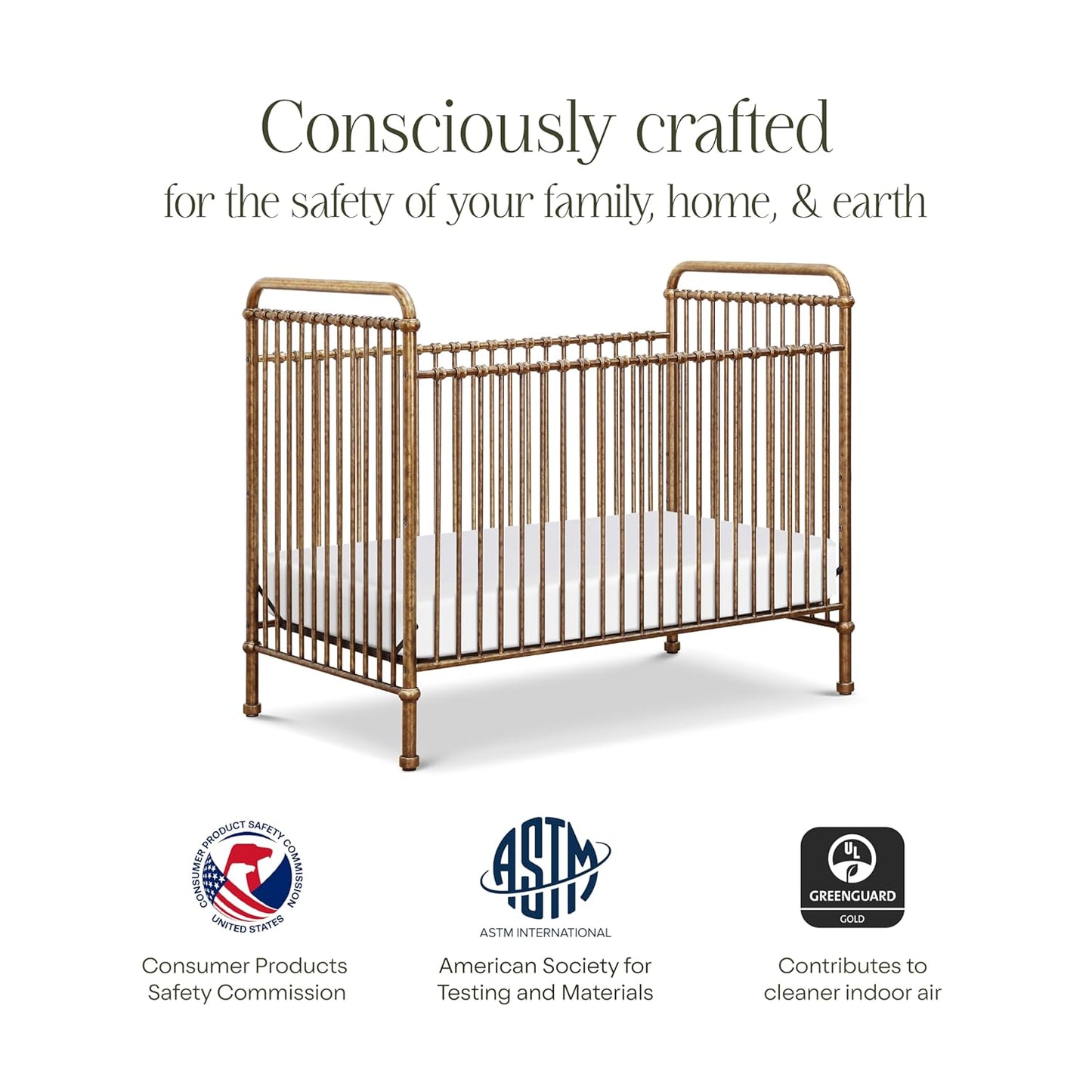 NAMESAKE Abigail 3-in-1 Convertible Baby Crib (Gold) - GREENGUARD Gold Certified - Convertible Crib to Toddler Bed and Daybed - Baby Bed w/ 4 Adjustable Heights - Vintage Baby Crib Convertible