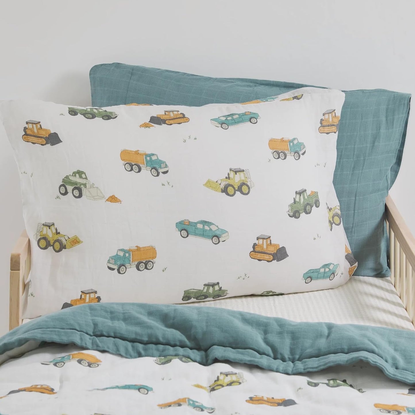 Little Unicorn Standard Pillowcase 2 Pack | Super Soft & Breathable Muslin Fabric | Snug Envelope Closure (Work Trucks)