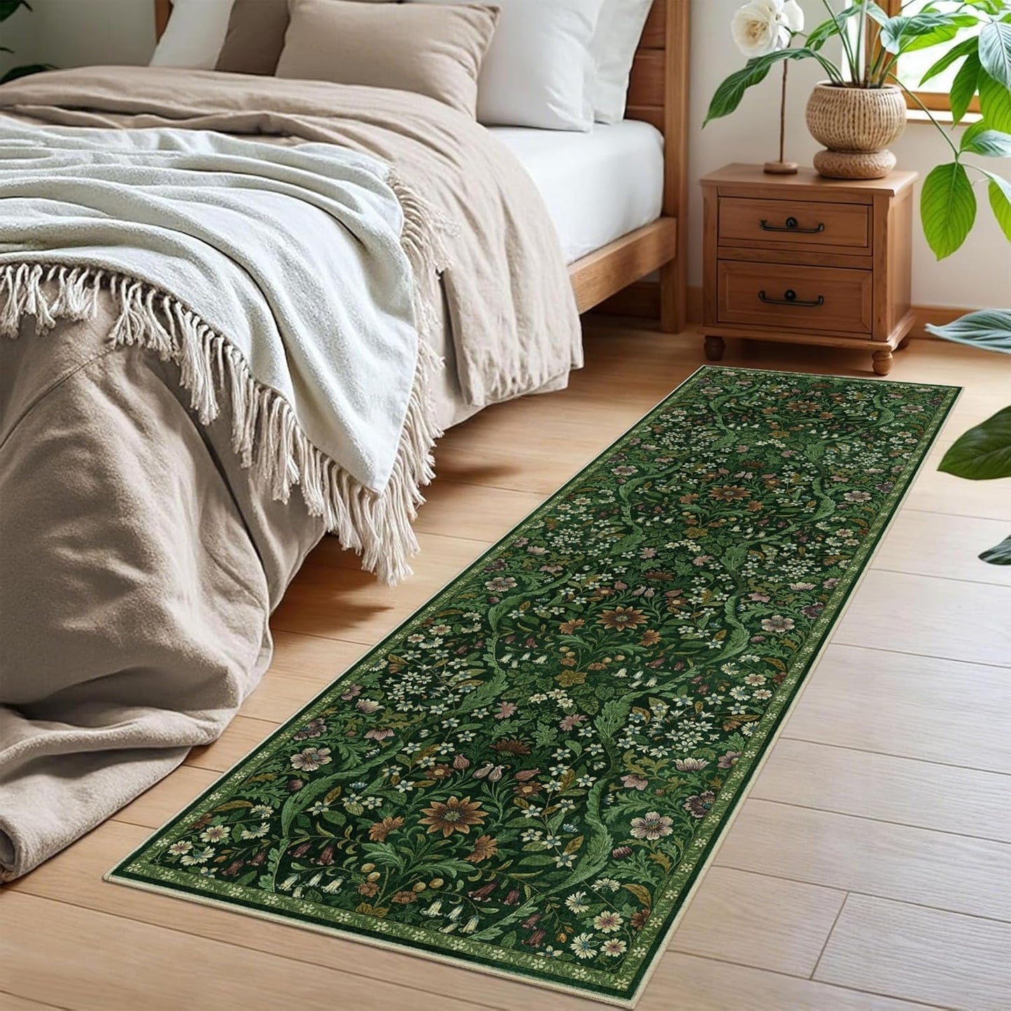 2x6 Washable Runner Rug,Dark Green Floral Boho Area Rug for Hallway,Low-Pile Non-Slip Stain Resistant Carpet for Kitchen, Bedside,Laundry Room,Entryway