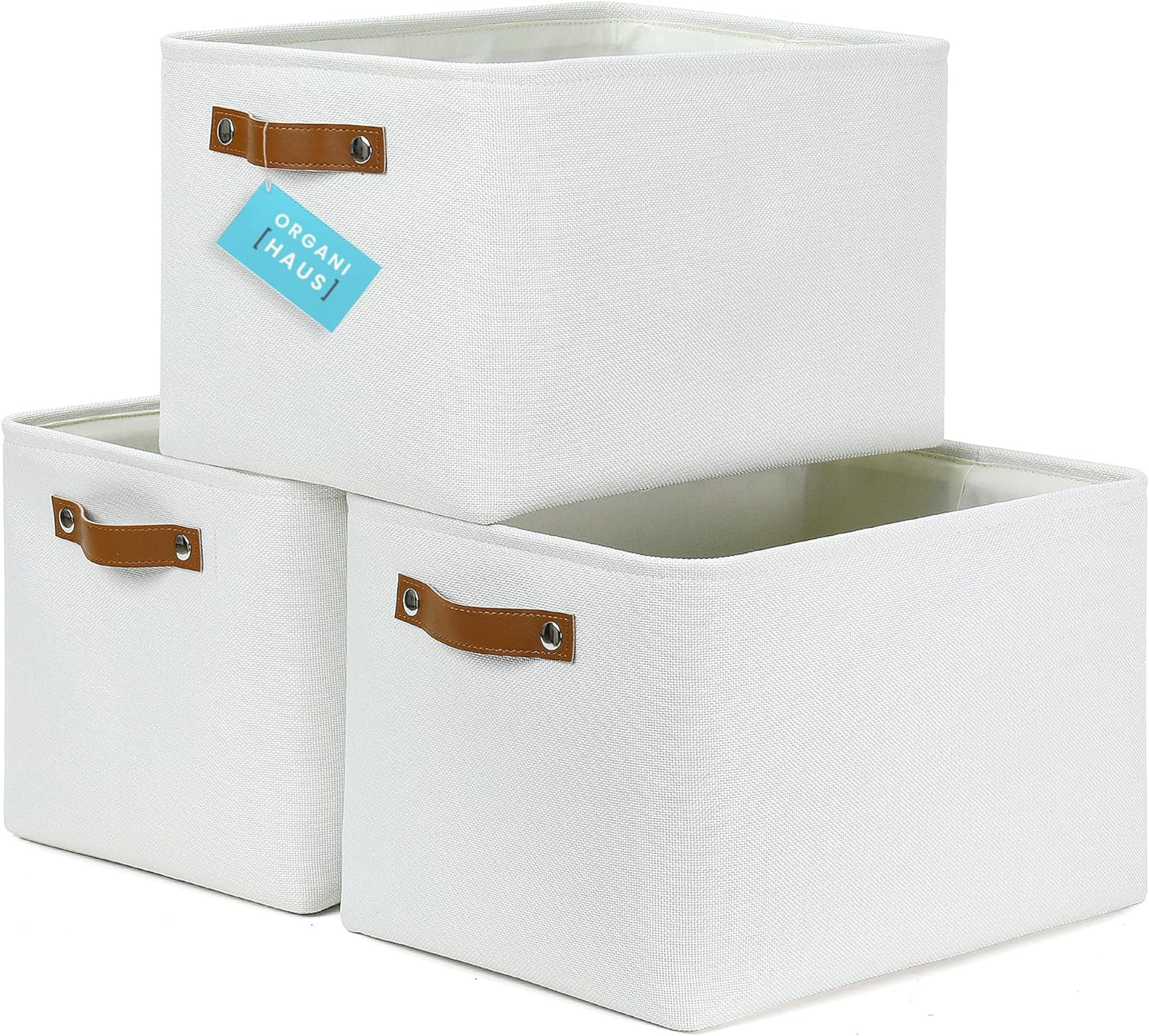 OrganiHaus Large Fabric Storage Baskets for Shelves 3 Pack | 15x11 inches Closet Bins Cloth Cubes Linen Organizers Basket - White Basket