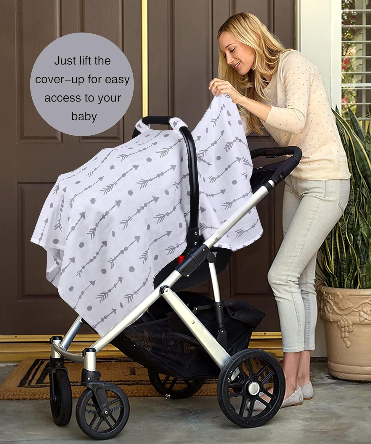 Rquite Car Seat Covers for Babies, 100% Muslin Carseat Cover Boys Girls, Lightweight Infant Car Seat Canopy, Soft Breathable Baby Carrier Cover, Summer Stroller Cover (Grey Arrow)