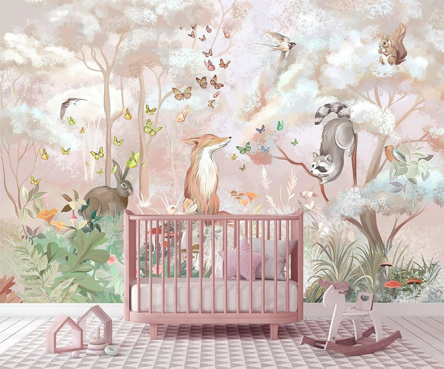 Kids Safari Wallpaper for Nursery, Woodland Fox Squirrel Rabbit Animals Wall Mural Pink Forest Wallpaper for Bedroom Living Room Children's Room(Not Self-Adhesive)