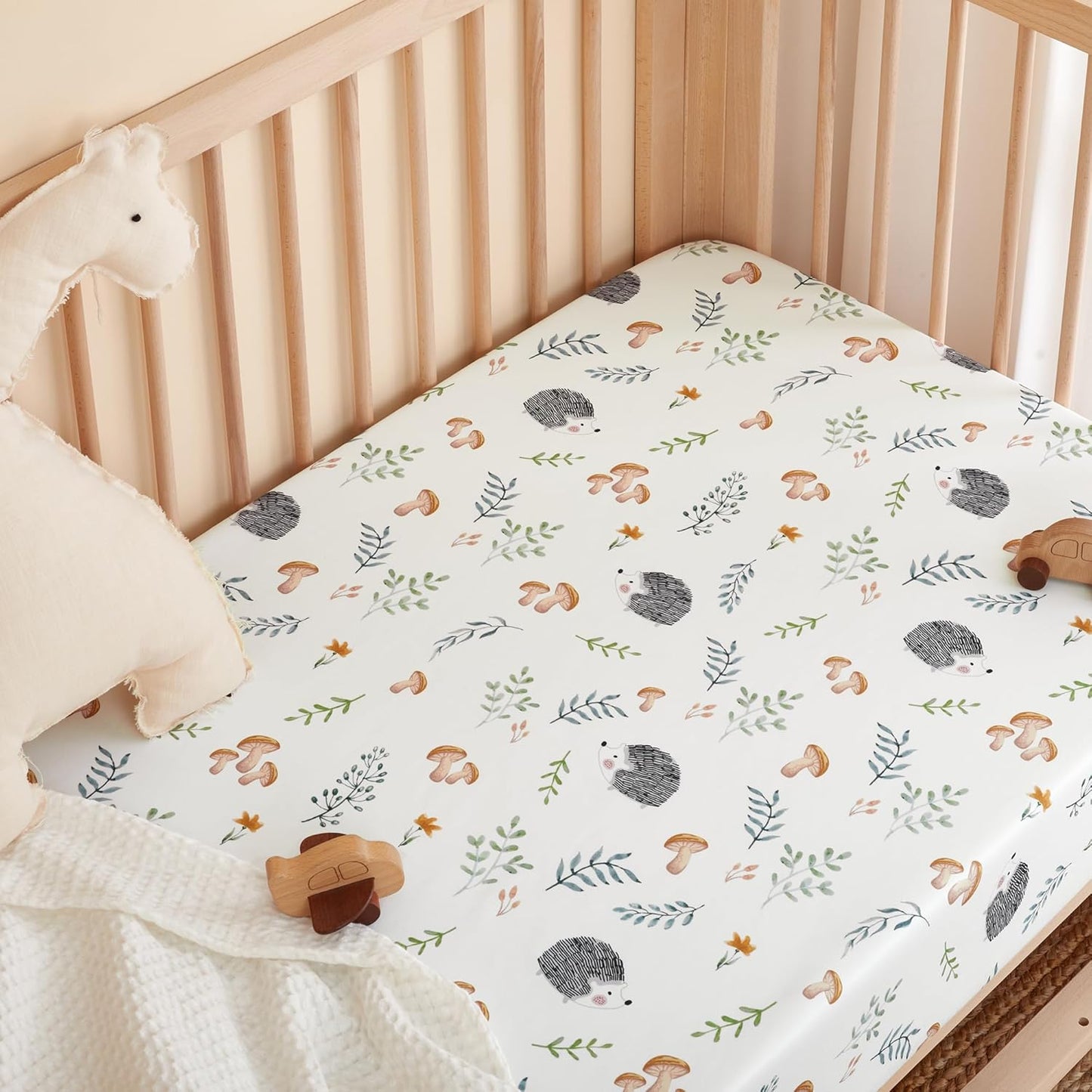 TILLYOU Baby Crib Sheets for Boys Girls, Super Soft Toddler Bed Sheets, 2 Pack Sheets for Standard Crib Mattress 28x52in, Hedgehog Garden and Green Leaves