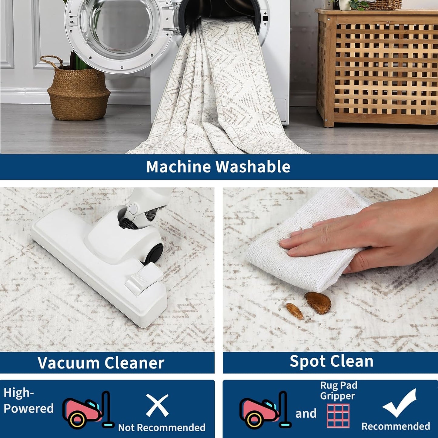 COZYLOOM Runner Rug 2x6 Living Room Washable Rugs Stain Resistant for Bedroom Soft Floor Carpet Non Slip Distressed Geometric Carpet for Dining Room Laundry Room Office, Ivory