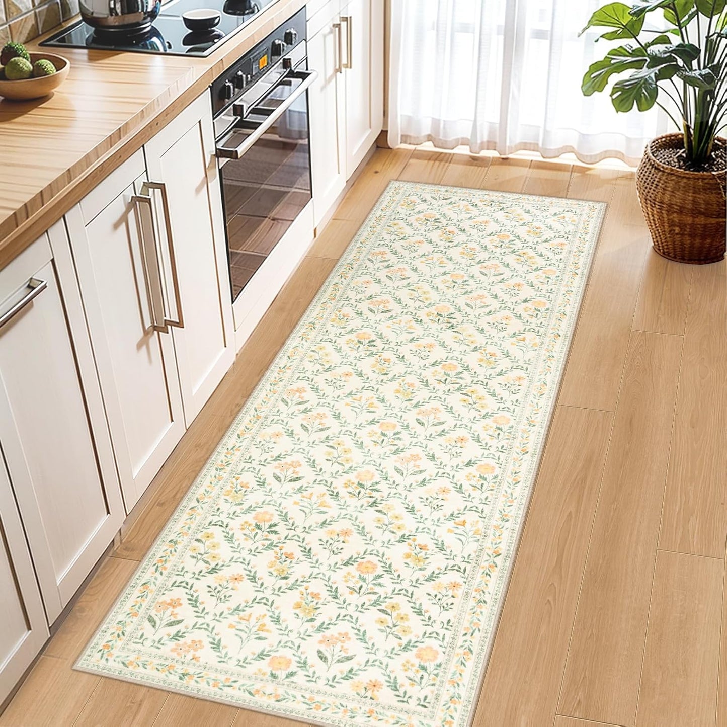 Runner Rug for Entryway: 2x6 Kitchen Rugs Non Slip Washable Ultra-Thin Soft Floral Carpet Indoor Floor Stain Resistant Carpets for Hallway Bedroom Kitchen Laundry Bathroom Dorm Beige/Multi