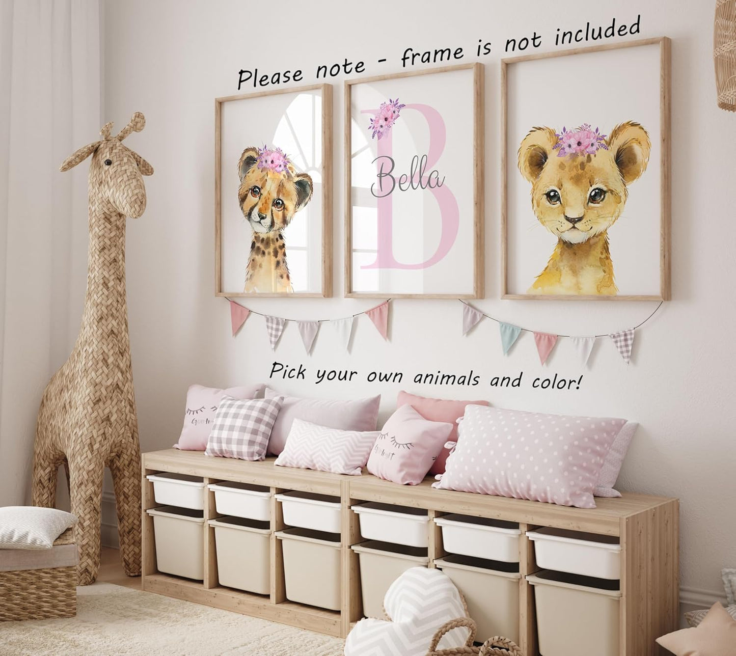 Personalized Safari Animals for Baby Girls Nursery, Set of 3 Unframed Poster Prints, Personalized Name Pink Lilac Floral, Girls Bedroom Decor, Elephant Giraffe (11x14)