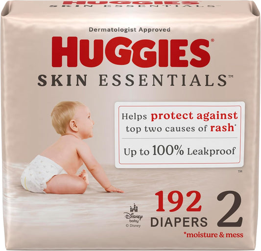 Huggies Size 2 Diapers, Skin Essentials Baby Diapers, Size 2 (12-18 lbs), 192 Count (3 Packs of 64), Packaging May Vary