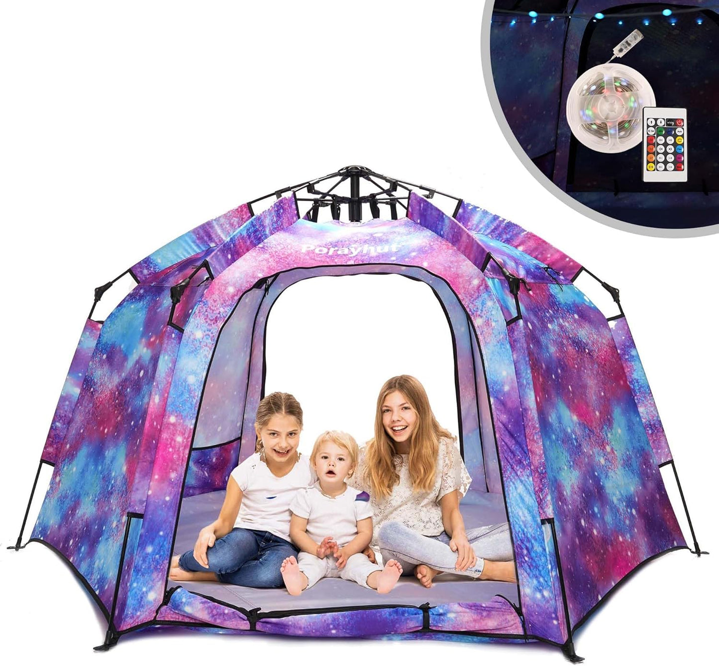 Portable Hexagon Kids Play Tent with LED Strip Lights Indoor Children Play House Easy Set-up Space Large Dream Tent for Night 4-5 Person & Birthday Gifts