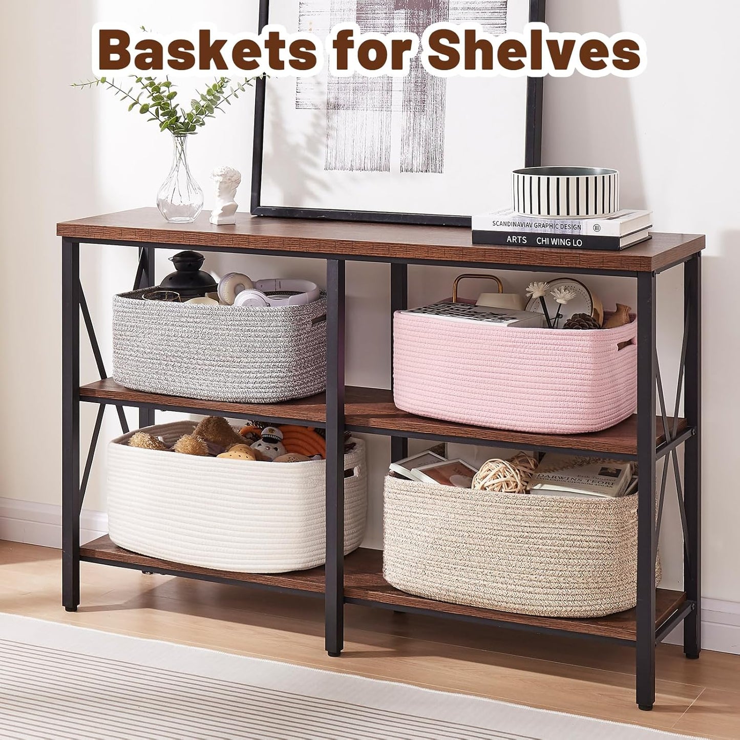 OIAHOMY Storage Basket for Shelves, Closet Cube Storage Bins Baskets for Clothes Blanket Towels, Baby Nursery, Toy Baskets Box, Woven Rope Basket, 17.72*12.99*7.87 IN, 2 Packs Jute Yellow
