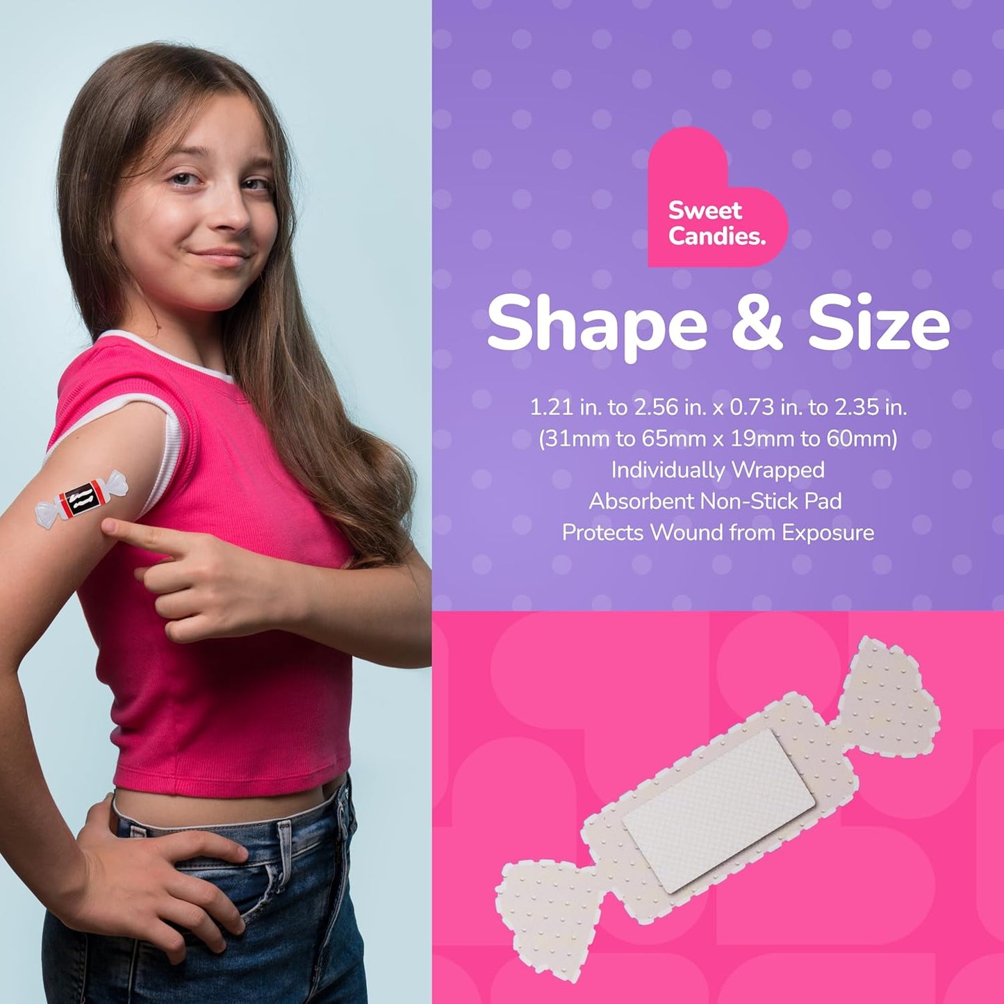 BioSwiss Bandages, Sweet Candies Shaped Self Adhesive Bandage, Latex Free Sterile Wound Care, Fun First Aid Kit Supplies for Kids and Adults, 50 Count