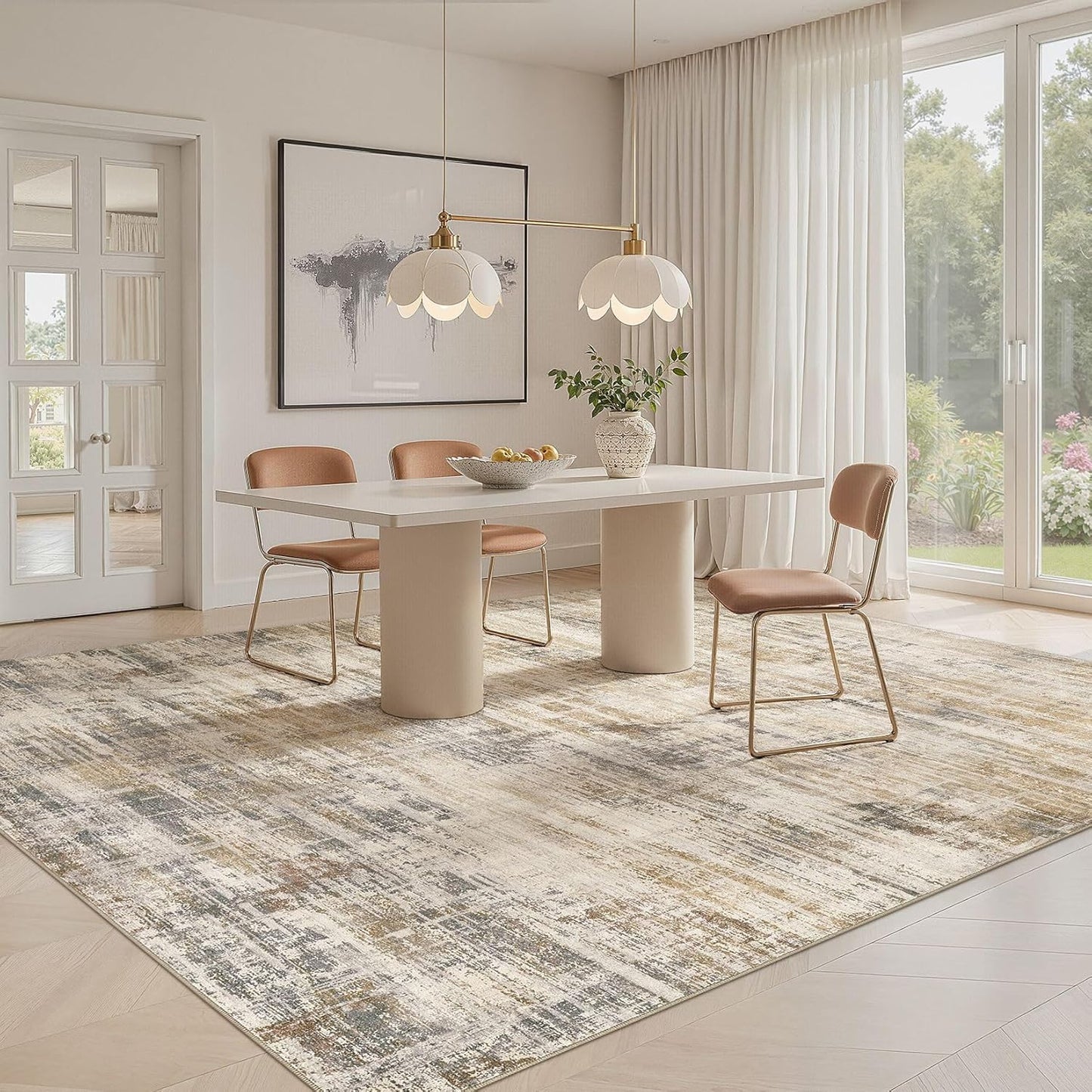 Area Rug for Living Room: 6x9 Washable Neutral Abstract Modern Soft Rugs Non Slip Indoor Floor Stain Resistant Large Carpet for Bedroom Dining Room Office Nursery - Golden Brown