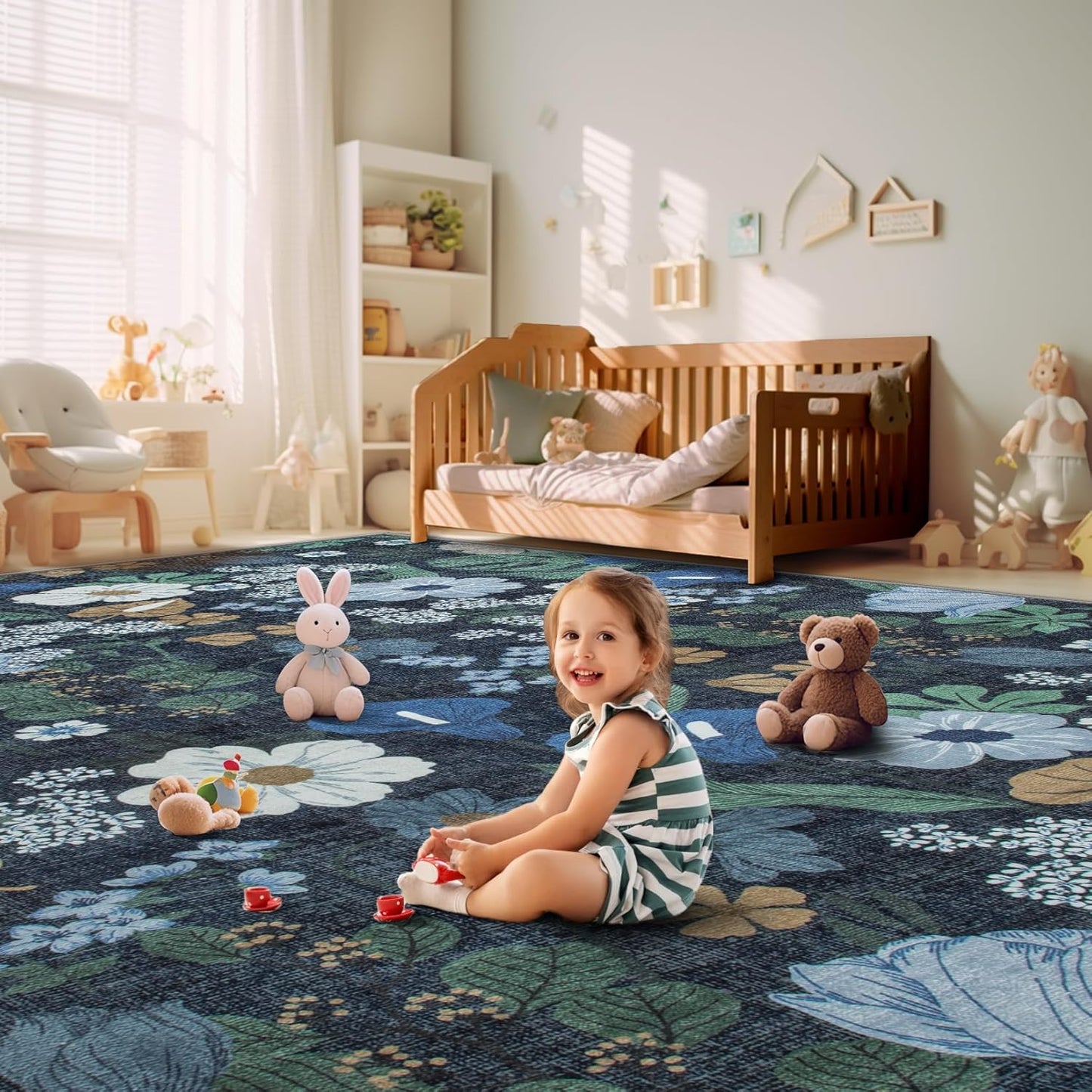 9x12 Area Rug for Living Room: Vintage Floral Washable Rug Soft Boho Non Slip Carpet Large Indoor Floor Non Shedding Low Pile Thin Carpets for Bedroom Dining Room Farmhouse Nursery Home Office Blue