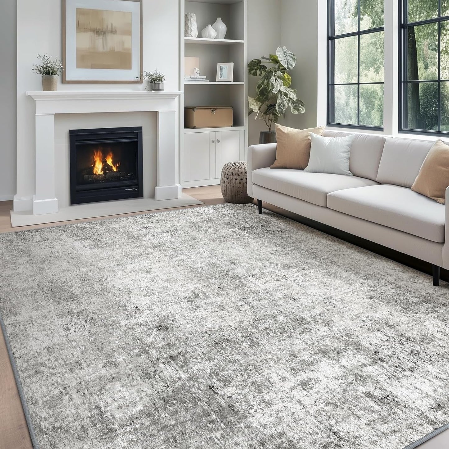 Washable Area Rugs 5'x7' Non-Slip Modern Abstract Soft for Living Room Entryway Bedroom Nursery, Print Pattern, Gray White Grey