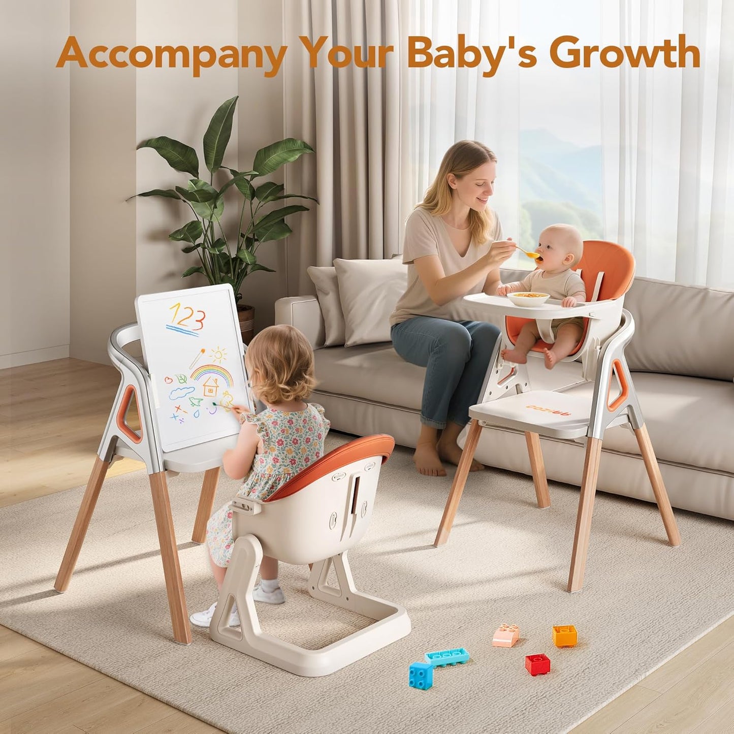 CoziBB Baby High Chair, 6 in 1 Convertible Growing Baby Highchairs for Babies and Toddlers, Baby Chair with Adjustable Dining Tray and Seat, 5-Point Safety Belt,White