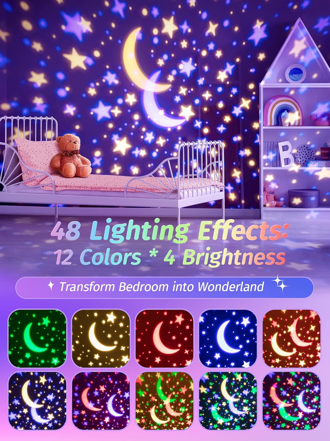 Star Projector Night Light for Kids - 15 Colors, Remote & HIFI Bluetooth Speaker, 360 Rotating + Auto Timer