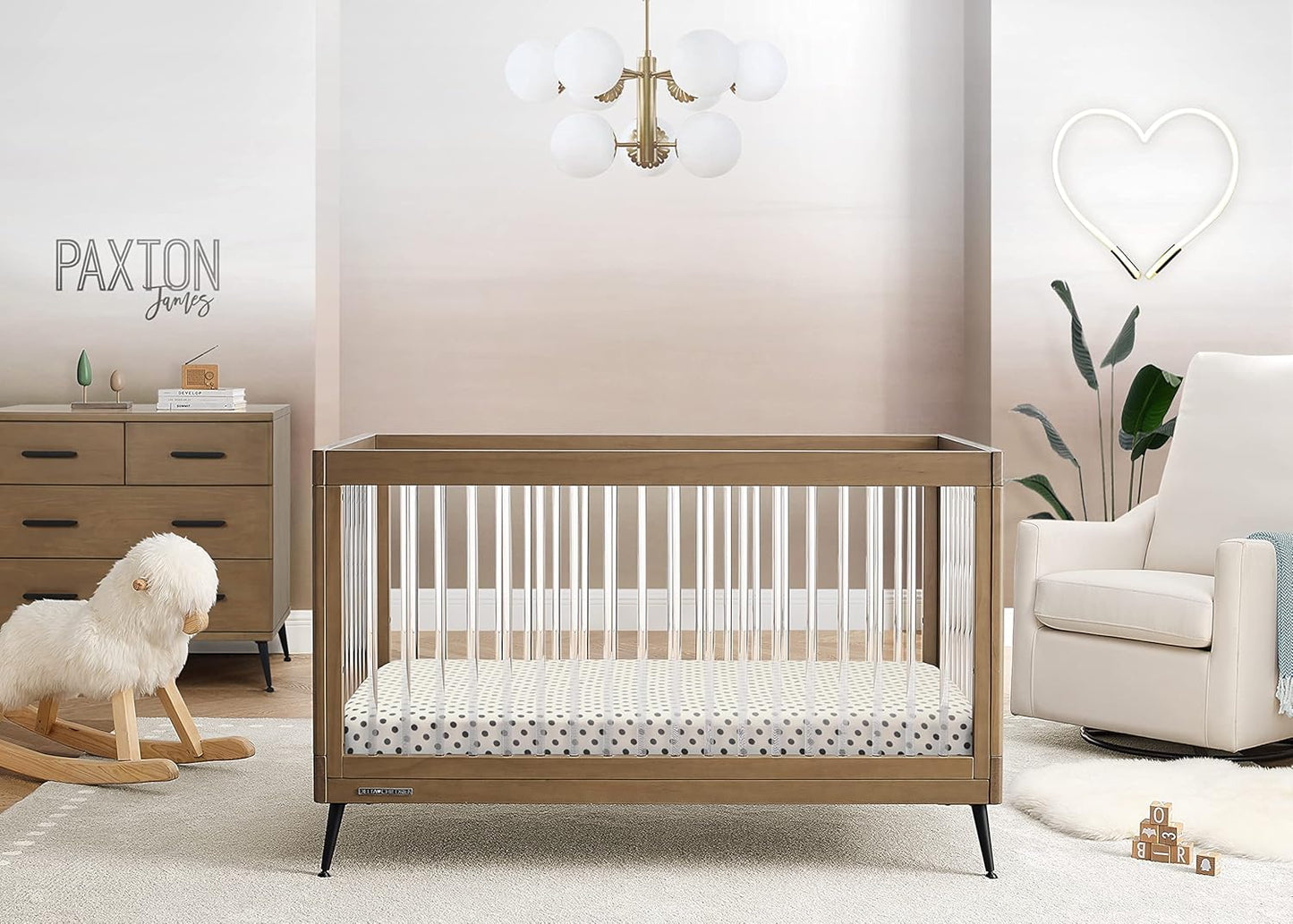 Delta Children Sloane 7-Piece Baby Nursery Furniture SetIncludes: Convertible Crib, Dresser, Changing Top, Crib Mattress, Fitted Sheets, Toddler Guardrail & Changing Pad, Acorn w/Matte Black