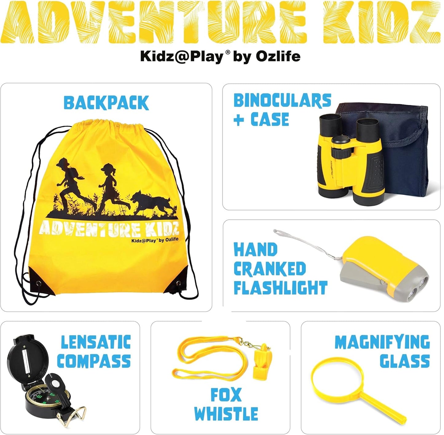 Adventure Kidz Outdoor Exploration Kit, Children’s Binoculars, Flashlight, Compass, Fox Whistle, Magnifying Glass, Backpack. Great Gift Set for STEM, Pretend Play, Ages 3+ Boys Girls