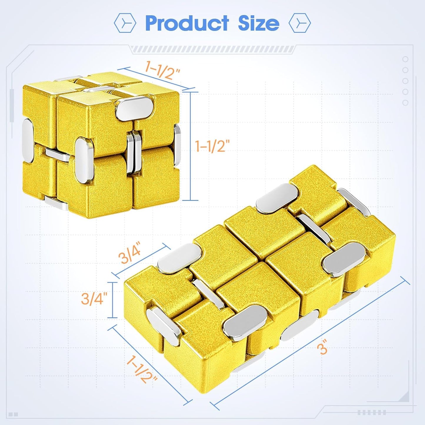 Fidget Cube, Zinc Aolly Metal Infinity Cube Fidget Desk Toy, Punk Style Design With Exquisite Case, Durable and Heavy Cool Gadgets, Adult Fidget Toys for Alleviate Stress and Anxiety(Yellow)