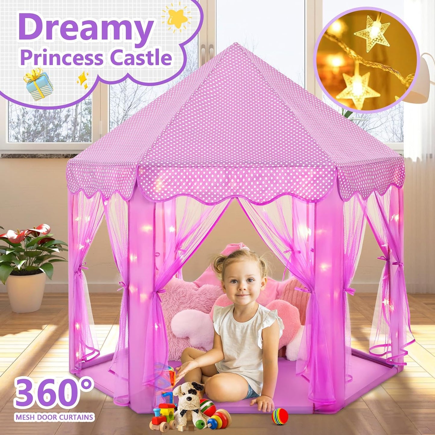 Monobeach Princess Tent Girls Large Playhouse Kids Castle Play Tent with Star Lights Gift Toy for Children Indoor and Outdoor Games, 55'' x 53'' (DxH) (Purple)