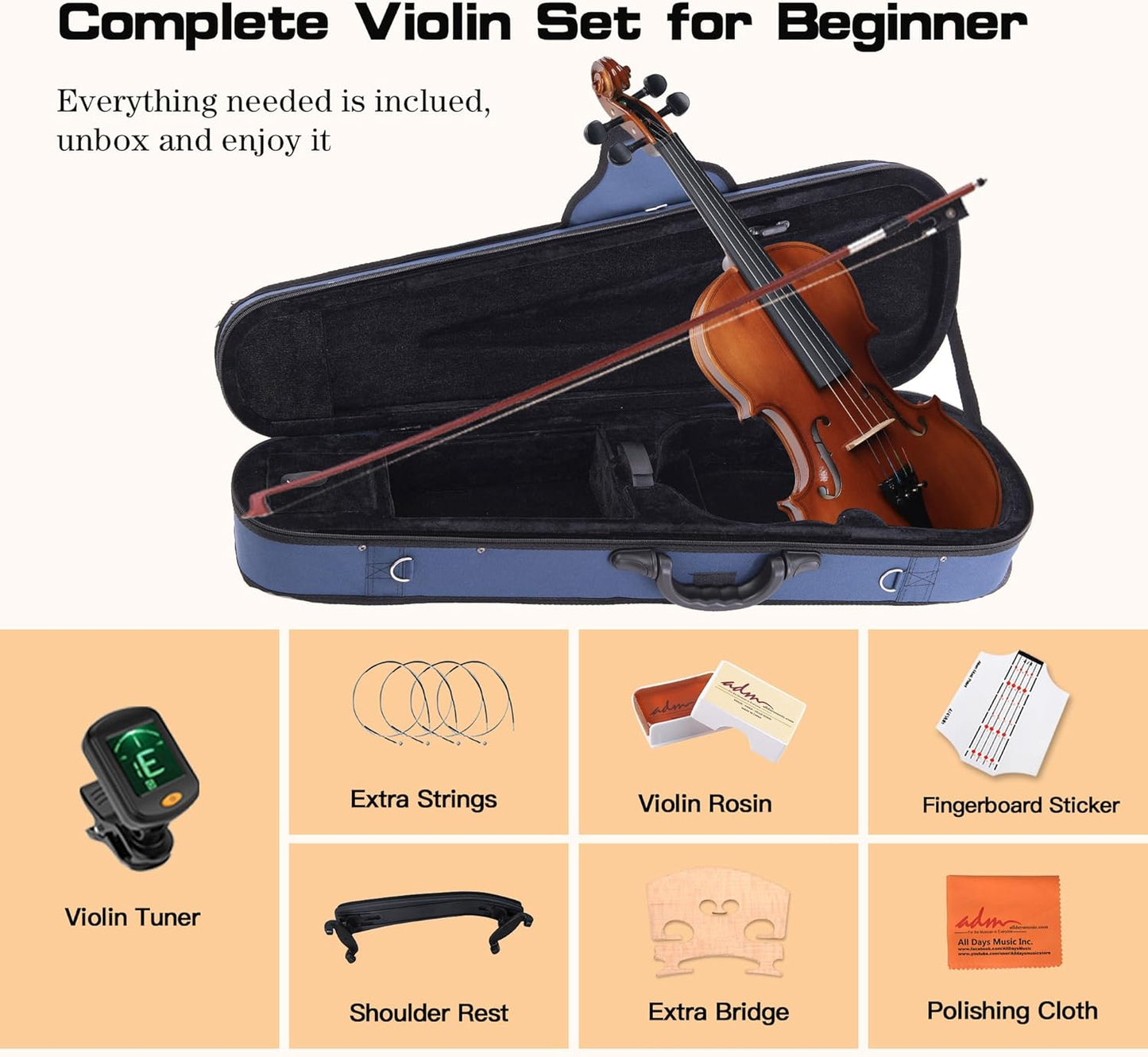 ADM 4/4 Full Size Wood Violin Set for Kids Teens Students Adults Beginner Acoustic Violin Matte Fiddle Starter Kit with Hard Case, Rosin, Shoulder Rest, Bow, Clip-on Tuner and Fingerboard Sticker