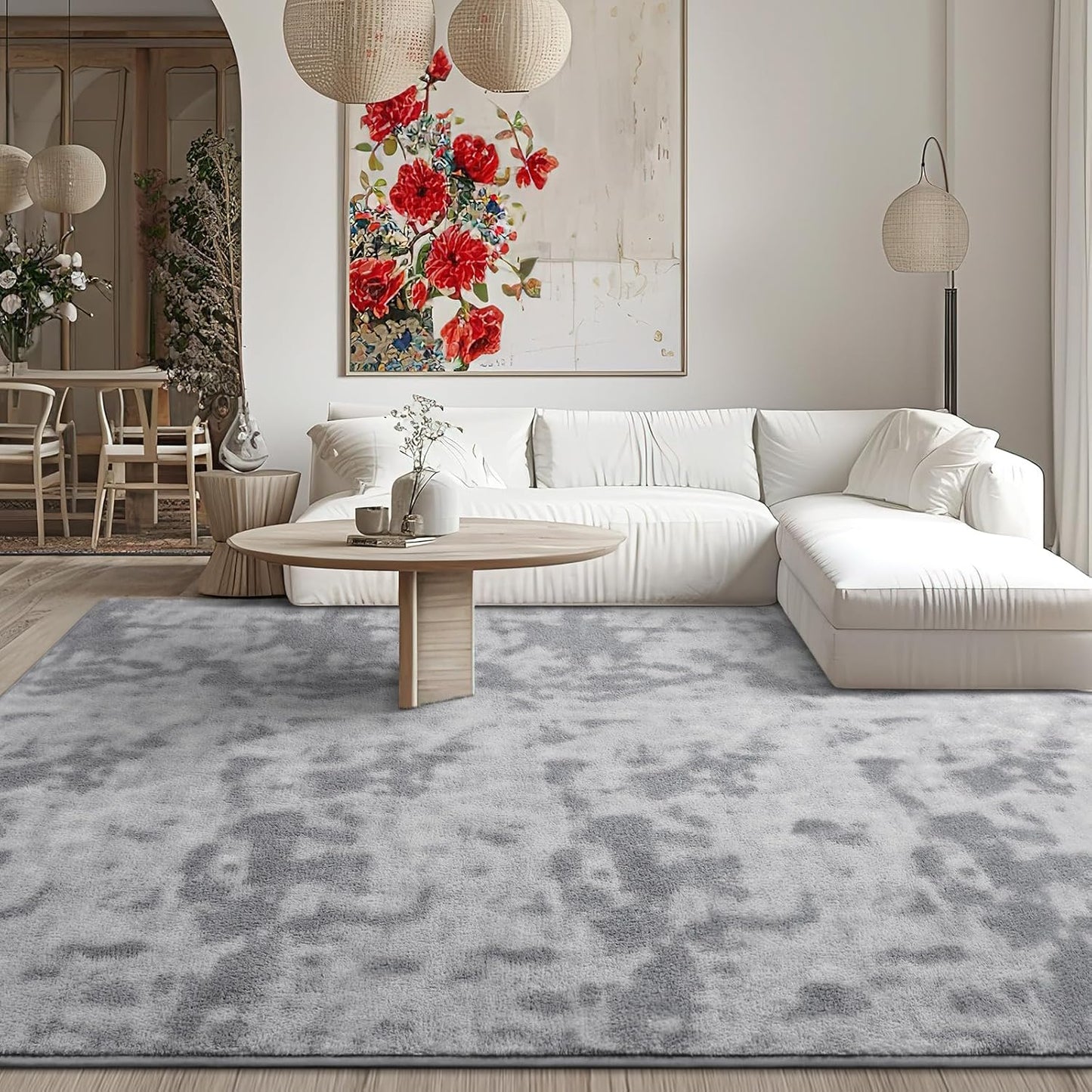 Kimicole 7x10 Washable Area Rugs for Living Room Bedroom, Large Low Pile Ulta-Thin Solid Color Rug, Non-Slip Soft Fluffy Carpet for Nursery Kids Room Dorm Room Home Decor (Light Grey)