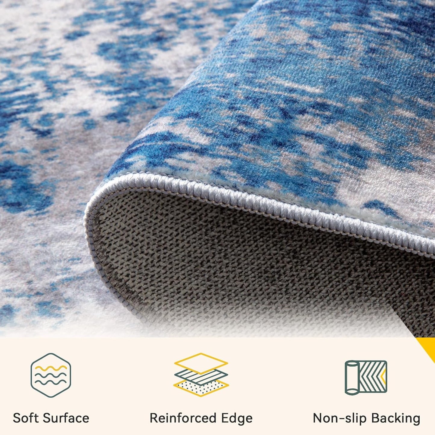 Washable Area Rugs 4ft Non-Slip Modern Abstract Soft for Living Room Entryway Bedroom Nursery, Print Pattern, Blue Grey Navy Gray