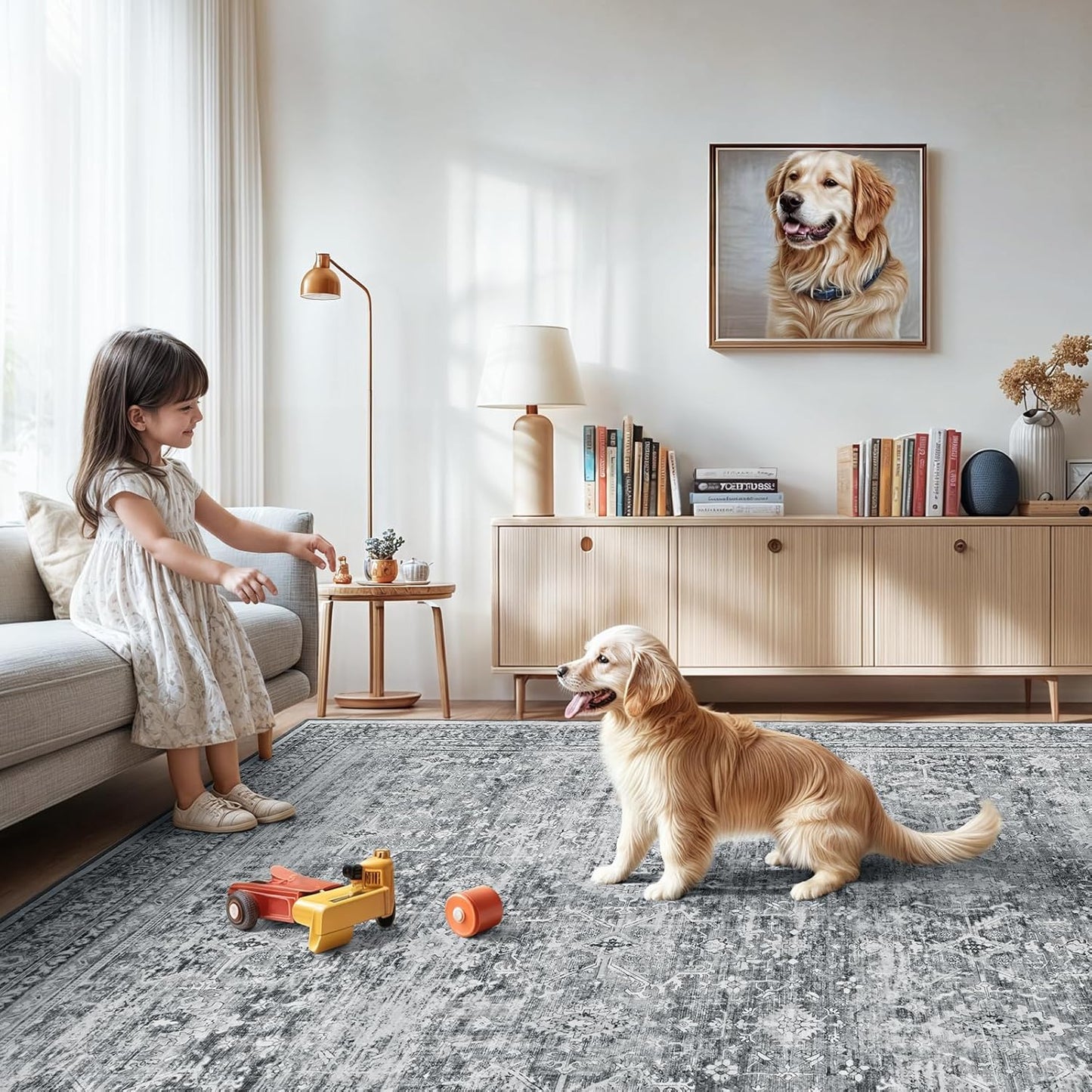 Lofus 6x9 Area Rug for Living Room,Grey Washable Area Rugs with Non-Slip Backing,Soft Neutral Carpets for Bedroom Dining Room Home Office Indoor Nursery