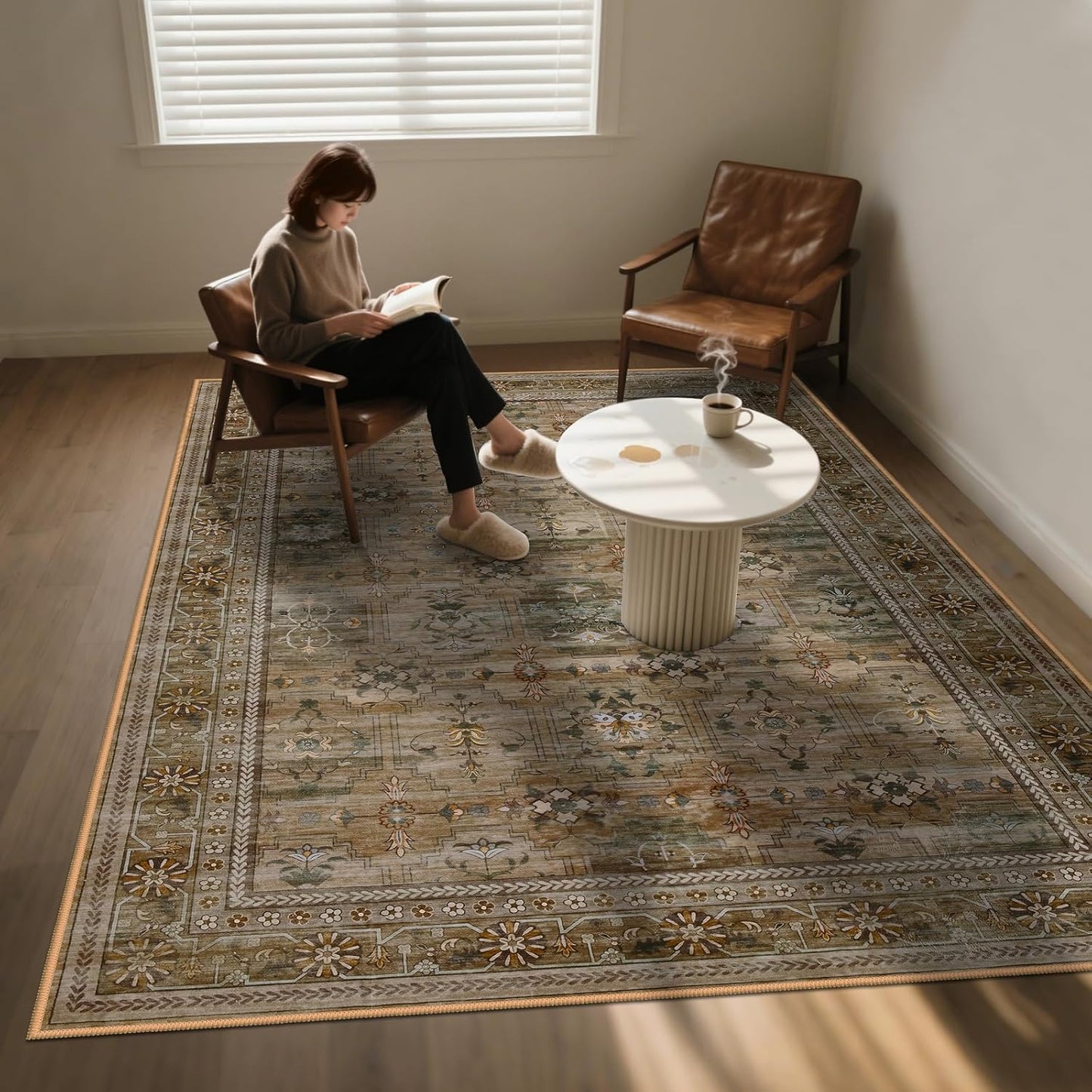 4x6 Area Rug for Bedroom Machine Washable, Non Slip Vintage Floral Kitchen Rugs for Dining Room, Low Pile Indoor Floor Print Carpet for Nursery Farmhouse Home Office Olive/Charcoal